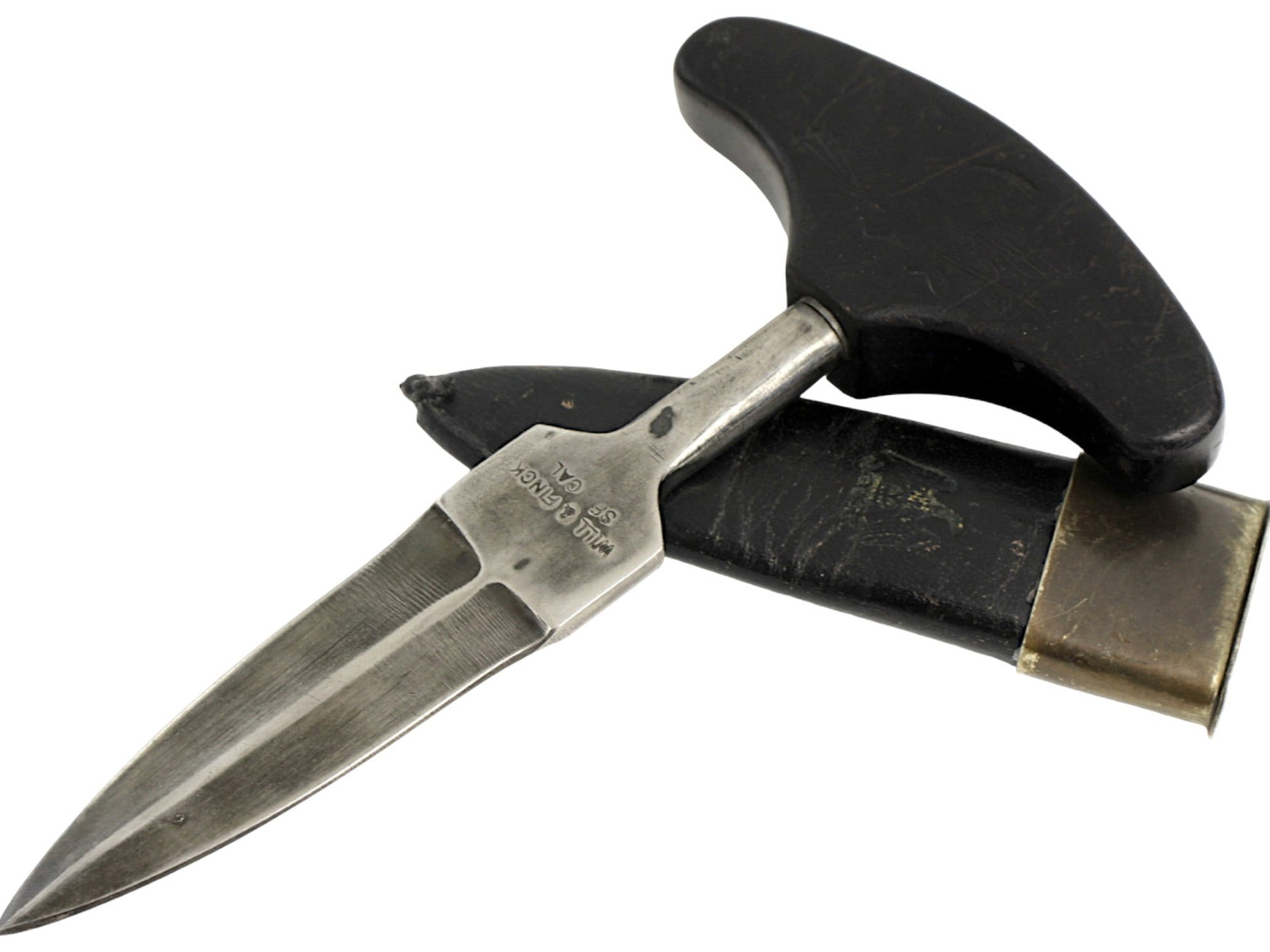 ANTIQUE AMERICAN CALIFORNIA GAMBLERS PUSH DAGGER KNIFE: An antique American California Gold Rush to Civil War Gamblers push dagger knife by Will and Fink, San Francisco. The ware is adorned with an American Eagle design to black wood grip and gilt tooled e