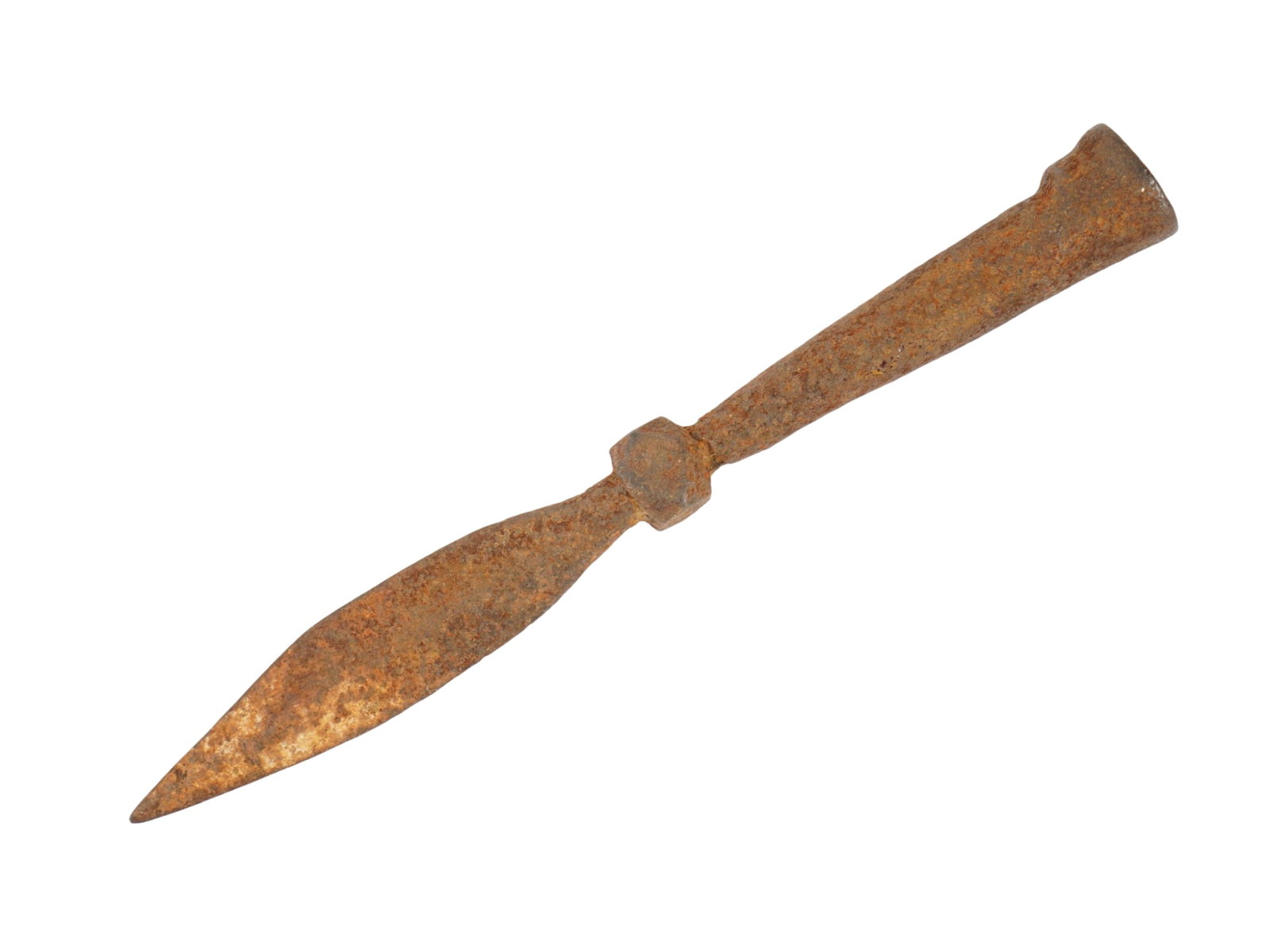 ANTIQUE CHINESE QING DYNASTY LEAF SHAPED SPEARHEAD: An antique Chinese spearhead, likely dating to the Qing dynasty, featuring a classic socketed construction. The form consists of a leaf-shaped iron blade with a slender neck and a hollow socket base, 