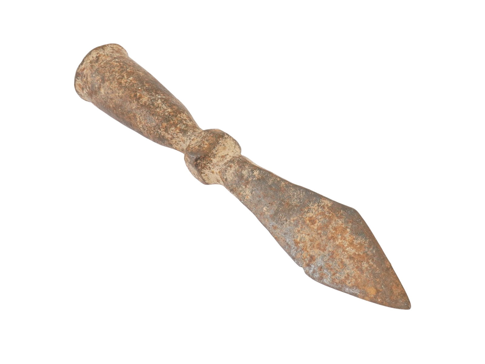 ANTIQUE CHINESE QING DYNASTY LEAF SHAPED SPEARHEAD: An antique Chinese spearhead, likely dating to the Qing dynasty, featuring a classic socketed construction. The form consists of a leaf-shaped iron blade with a slender neck and a hollow socket base, 