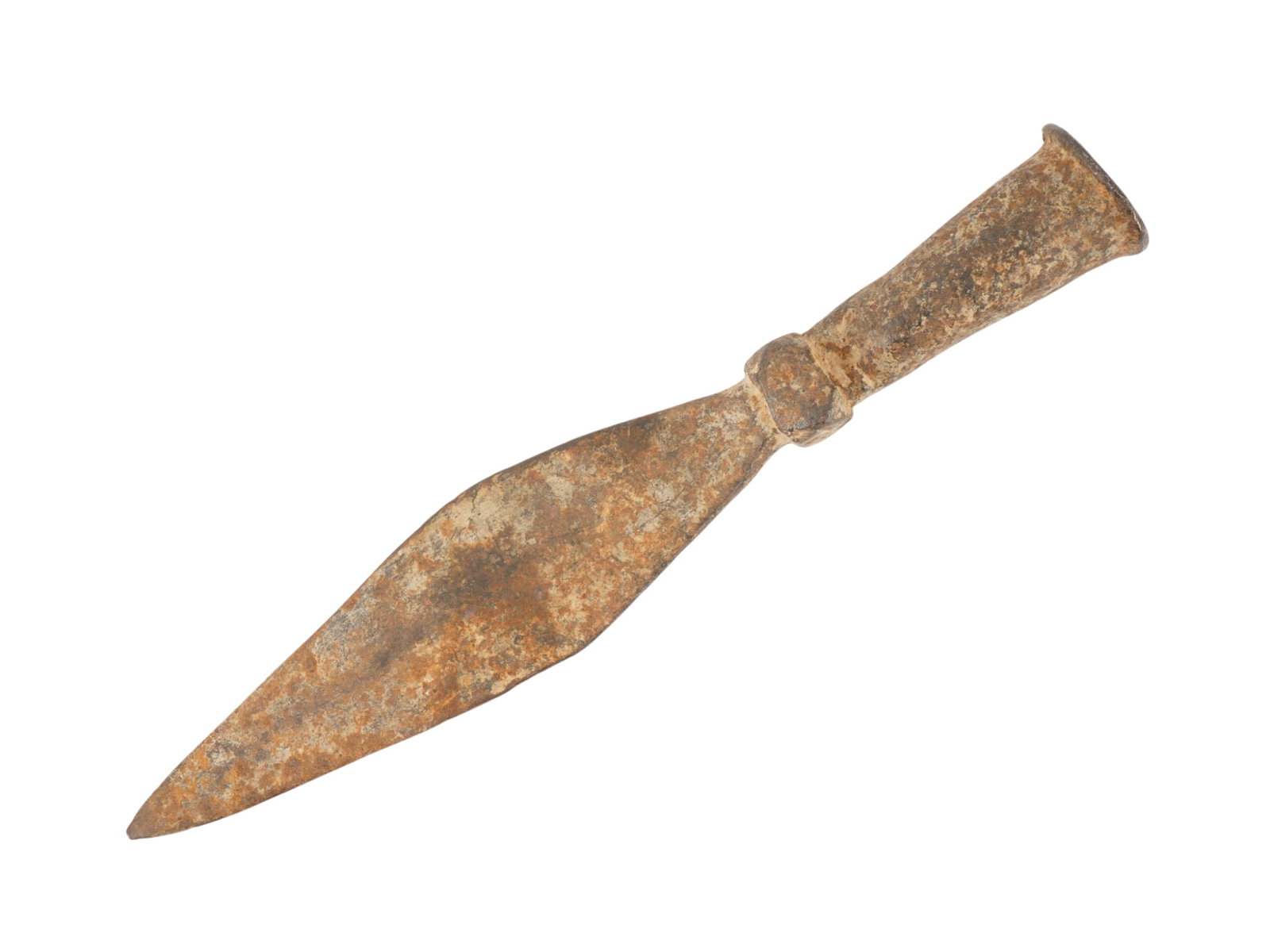 ANTIQUE CHINESE QING DYNASTY LEAF SHAPED SPEARHEAD: An antique Chinese spearhead, likely dating to the Qing dynasty, featuring a classic socketed construction. The form consists of a leaf-shaped iron blade with a slender neck and a hollow socket base, 