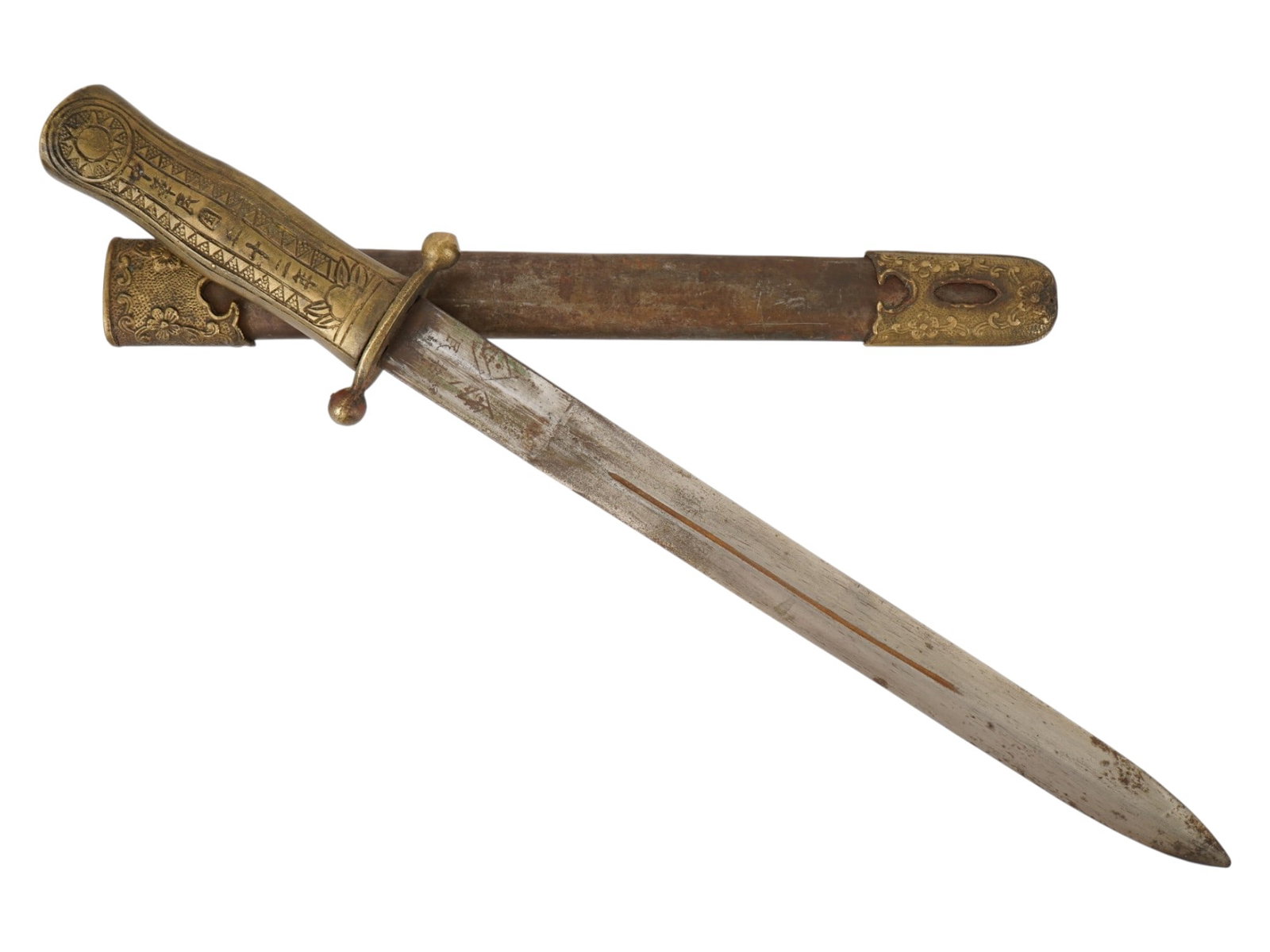 1936 CHINESE OFFICERS NATIONAL ARMY DAGGER W SCABBARD: A Chinese dagger of an officer of the National Revolutionary Army of China model. A blade is steel, straight, double edged, with a narrow central fuller. Slogans, serial numbers, the Kuomintang sun em