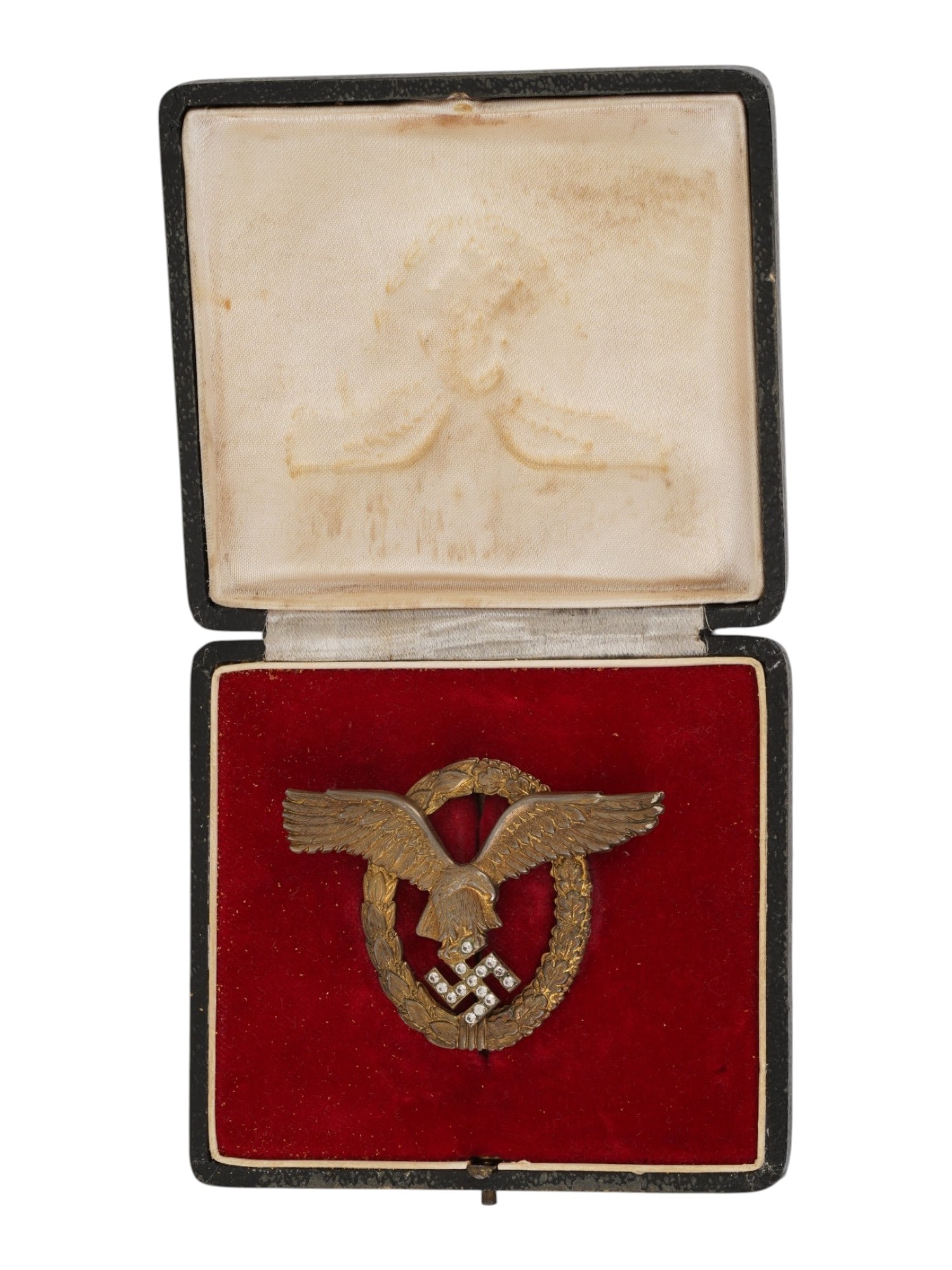 WWII NAZI GERMAN SILVER PILOT OBSERVER BADGE W COA: A WWII Nazi German gilt silver Pilot-Observer badge award with white sapphires. Features a finely detailed, vaulted open-winged eagle clutching a swastika, mounted onto a heavy oval wreath. The left s