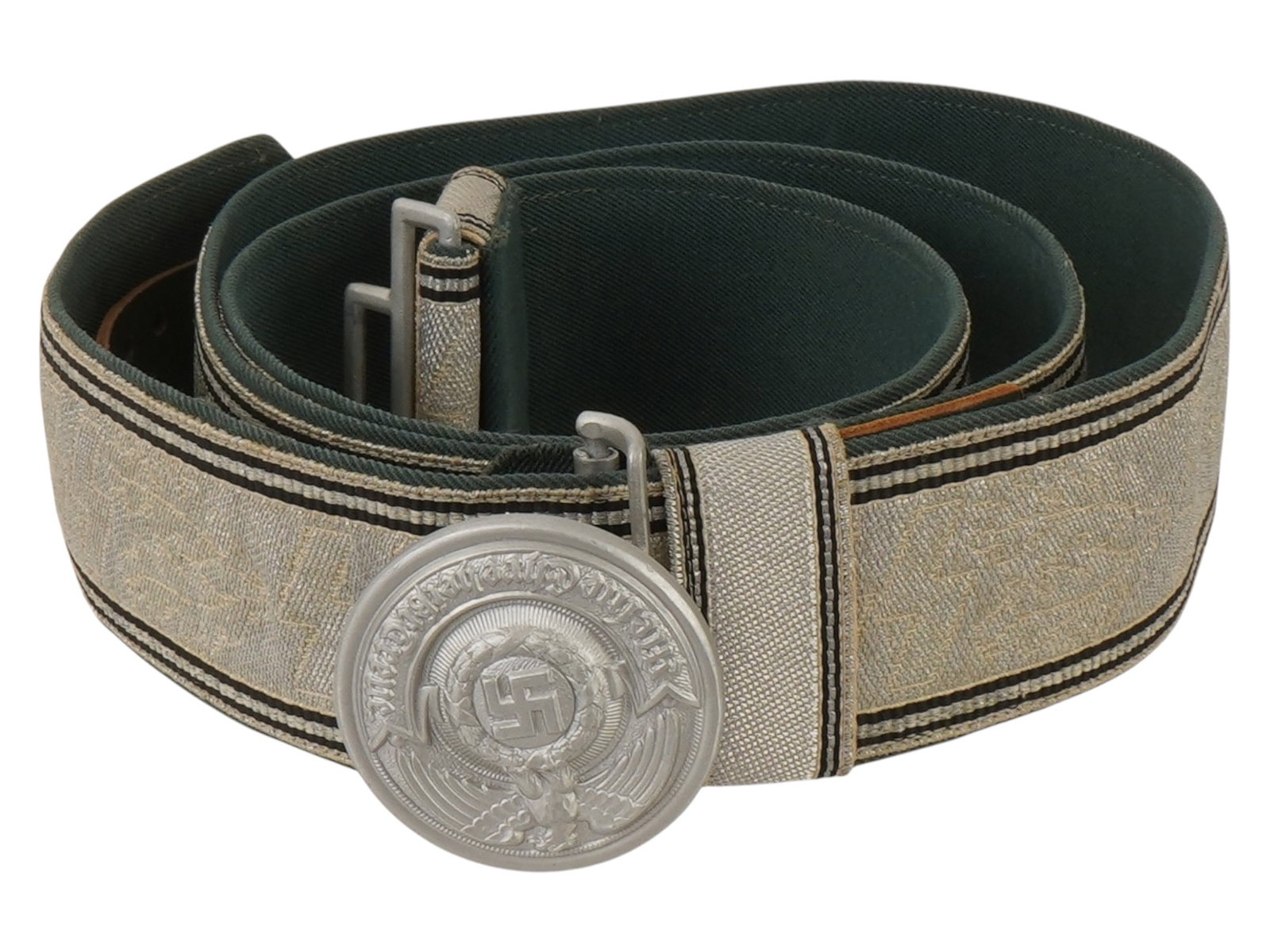 WWII GERMAN POLICE OFFICERS BROCADE BELT WITH BUCKLE: A WWII German Police officers brocade belt with buckle. The buckle features a relief field displaying an eagle holding oak leaf wreath with swastika. WWII, Third Reich, Militaria, Uniform Accessory, S