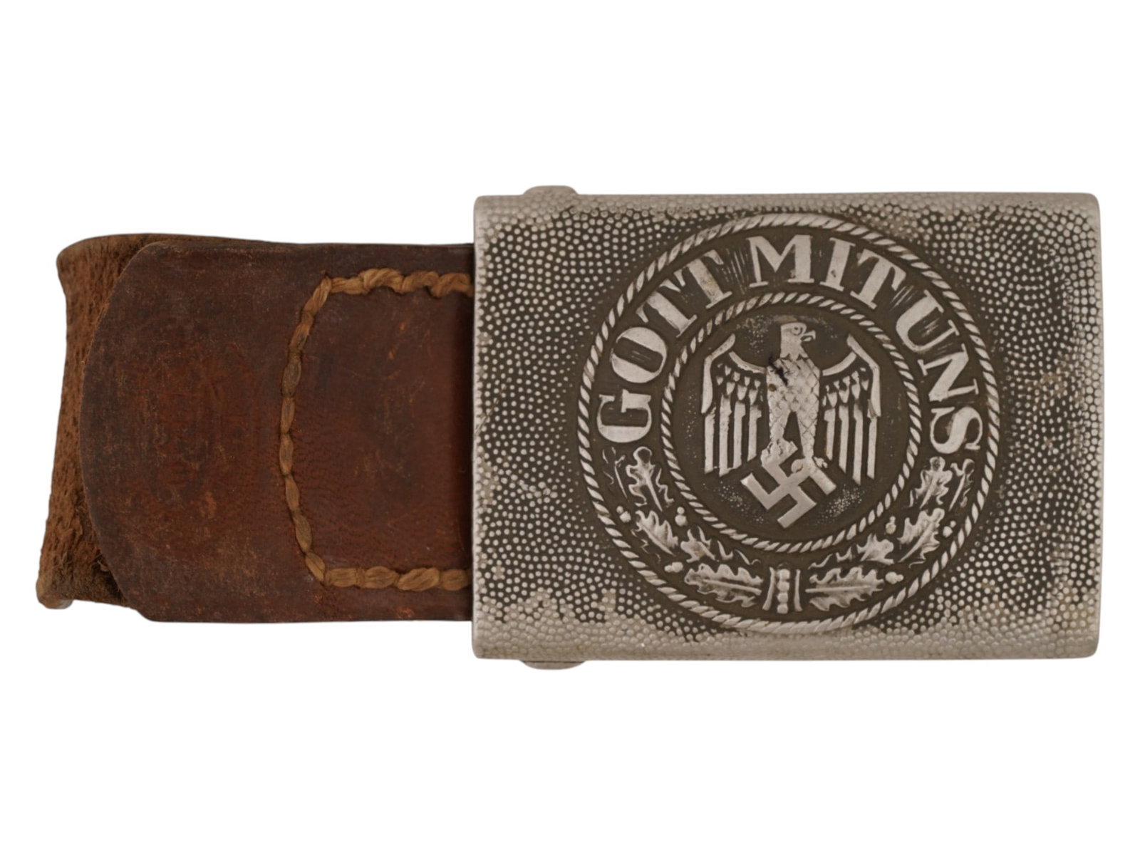 WWII NAZI GERMAN ARMY FIELD BELT BUCKLE W STRAP: A WWII Nazi German field belt buckle for soldiers and non commissioned officers of the German Army. The ware is adorned with a round medallion depicting an eagle clutching a swastika. Along the top ed