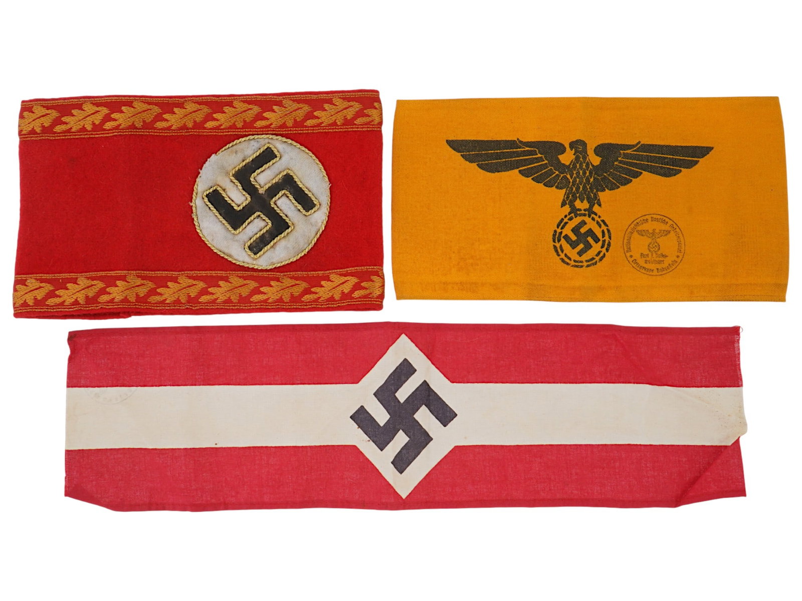 WWII NAZI GERMAN NSDAP HITLER YOUTH ARMBANDS: A lot of three World War II German military armbands. NSDAP, Hitler Jugend, Arbeiterpolizei. Second World War Historical Collectables And Memorabilia, Militaria, Armbands And Stripes, Insignia. THIS L
