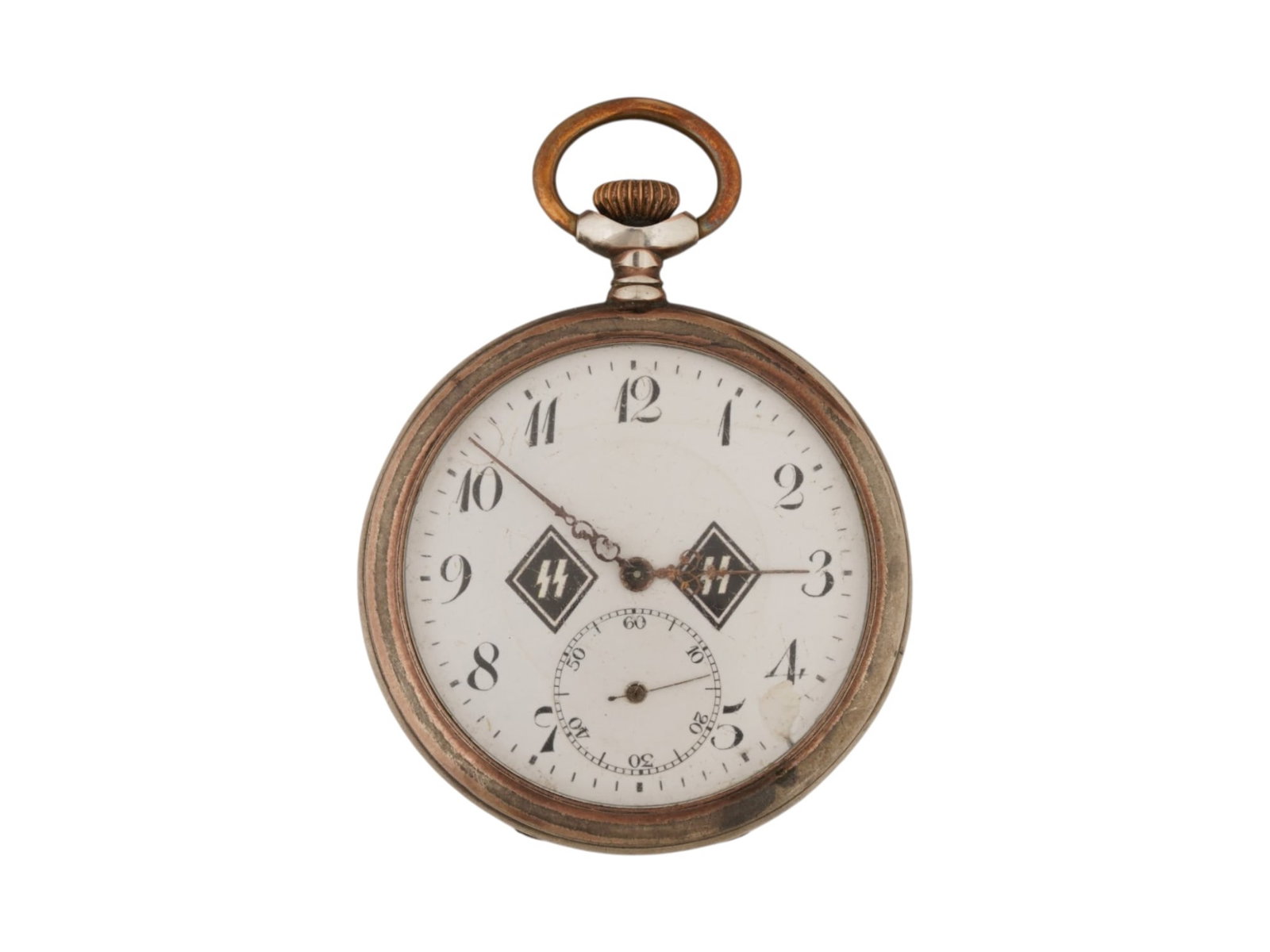 WWII NAZI GERMAN WAFFEN SS SILVER POCKET WATCH: A WWII Nazi German Waffen SS silver pocket watch featuring a white dial with bold Arabic numerals, vintage hands, and a subsidiary seconds register positioned at the 6 oclock mark. The dial is decorat