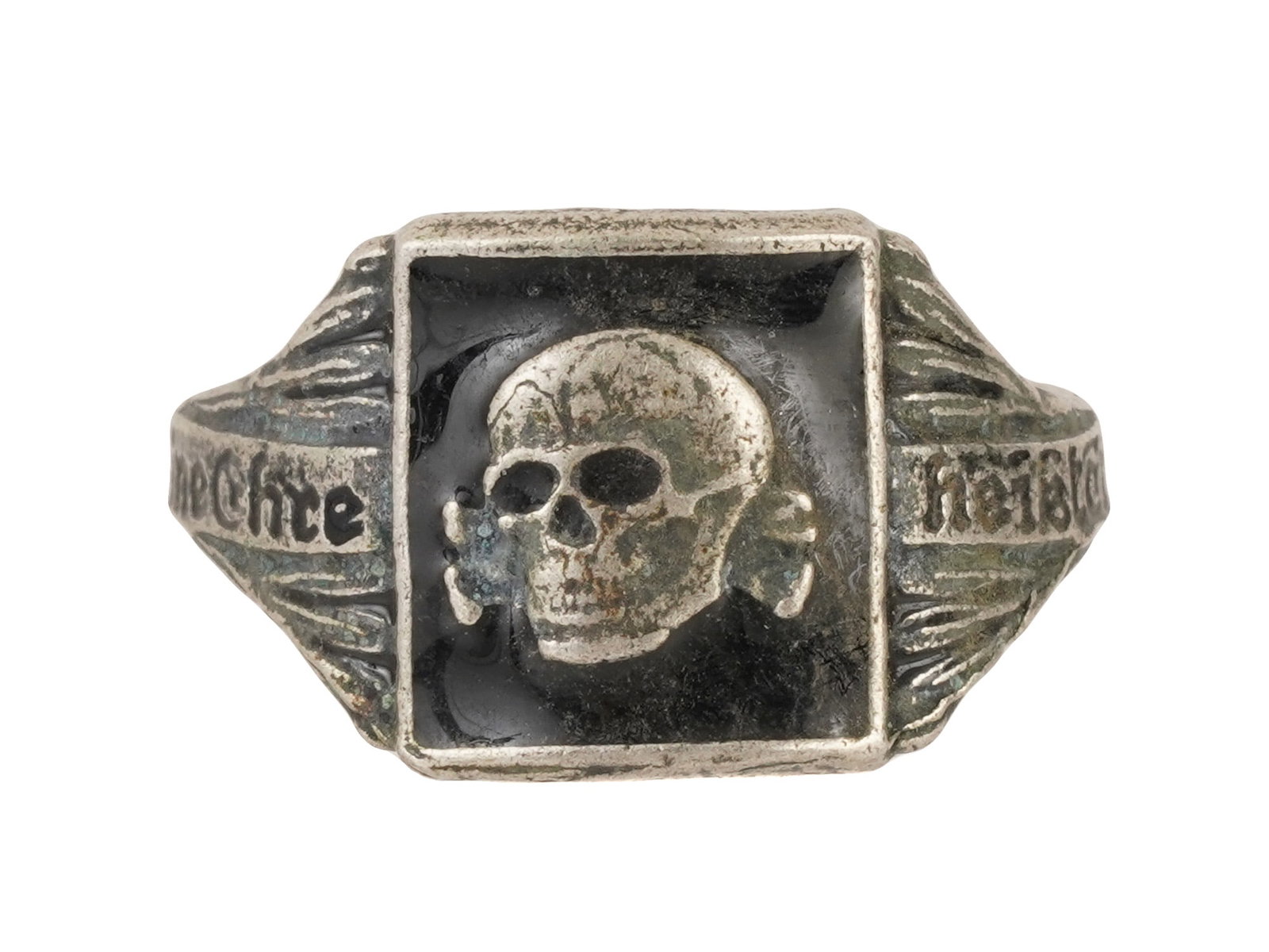 GERMAN WWII MODEL WAFFEN SS ENAMEL SILVER RING: A WWII model Nazi German Waffen SS enamel Silver ring. The ring features a central Totenkopf skull insignia to the center, covered with enamel in a black shade. The shoulders are decorated with the Na