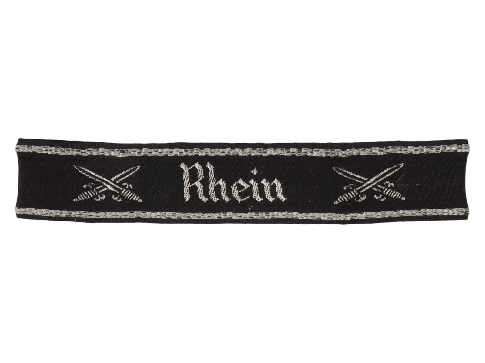 WWII GERMAN CUFF RIBBON OF THE RHEIN VETERANS DISTRICT: A WWII Nazi German cuff ribbon of the Rhein veterans district. It belonged to members of the National Socialist League of Former Servicemen NS RKB. The name of the district, Rhein, is woven into the c