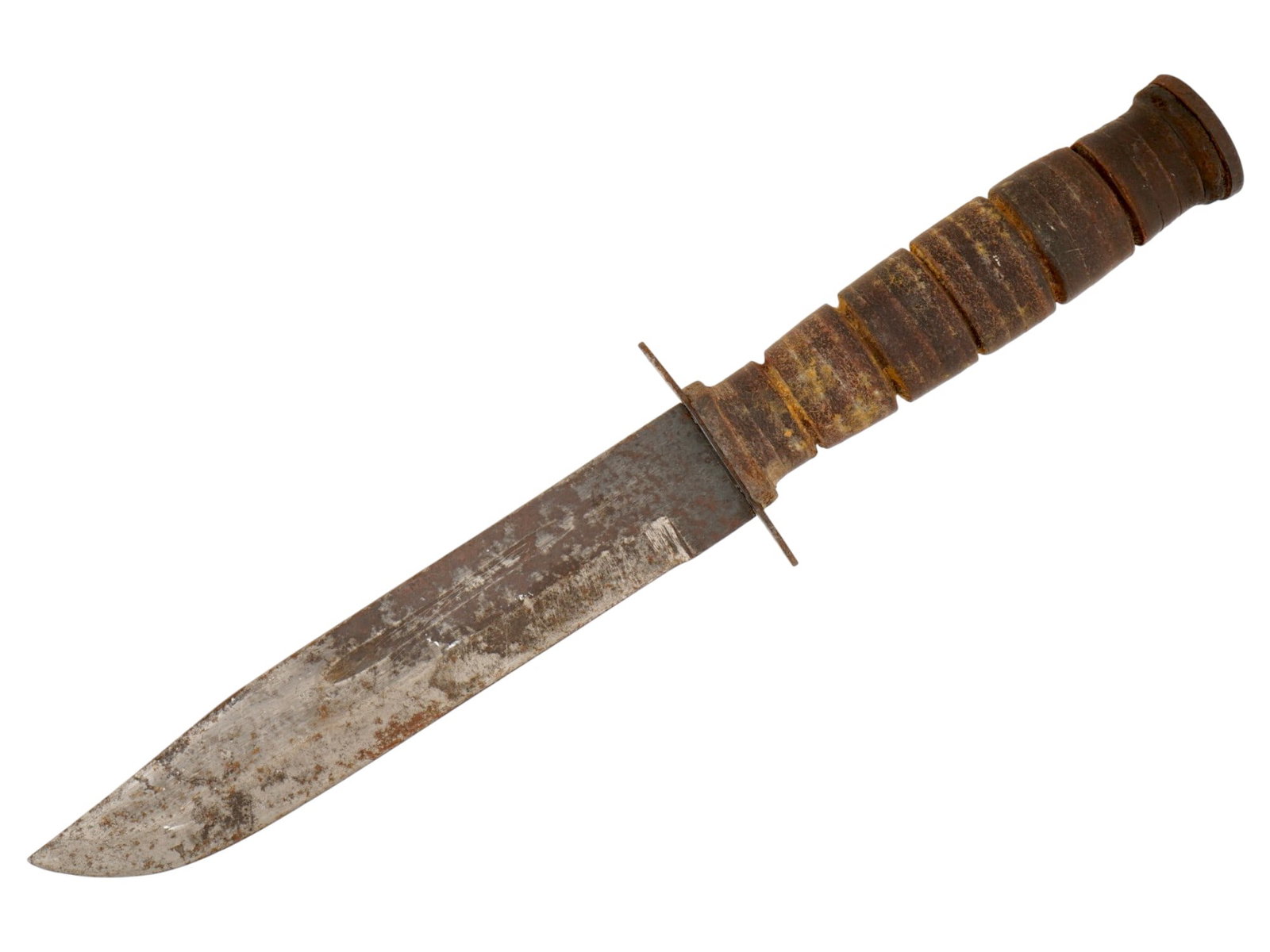 VINTAGE USMC MARK 2 KA-BAR FIGHTING KNIFE: USMC Mark 2 KA-BAR Fighting Knife, a legendary American military knife adopted by the United States Marine Corps in November 1942. High-carbon steel Bowie style blade. Stacked leather washer handle wi