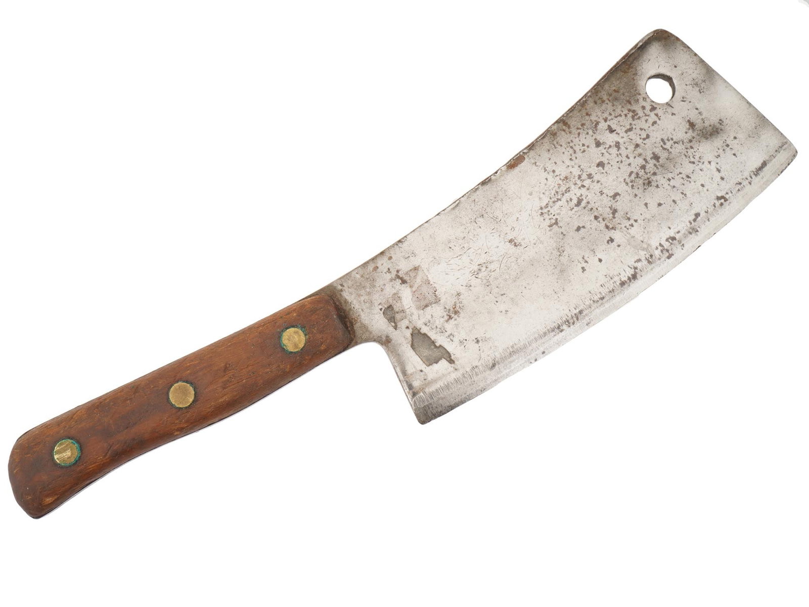 VINTAGE MEAT CLEAVER KNIFE WITH CARBON STEEL BLADE: A vintage meat cleaver, a heavy-duty butchering tool featuring a thick rectangular carbon steel blade designed for cutting through bone and dense material. The blade includes a traditional hang hole f