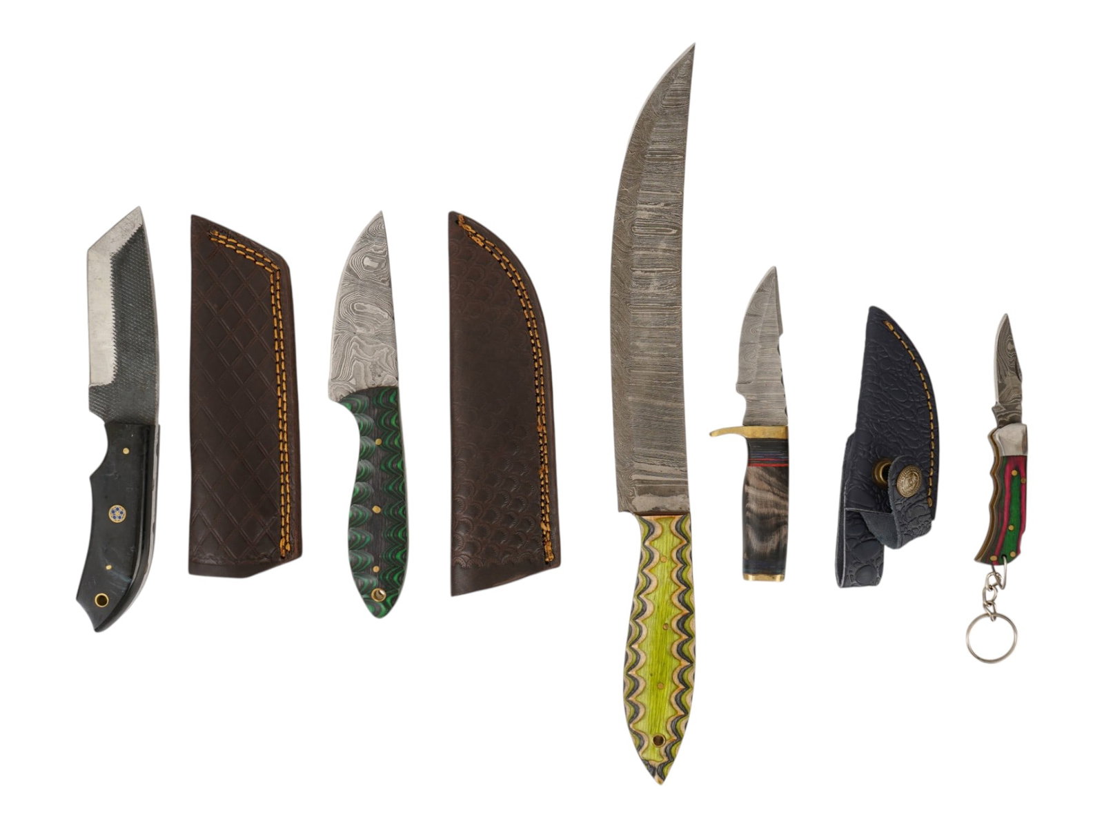 MODERN HUNTING AND FOLDING DAMASCUS STEEL KNIVES: A collection of modern utility, hunting, and folding knives featuring a variety of blade styles and handle materials. Several knives display Damascus steel patterns and colorful composite, wood, or mi