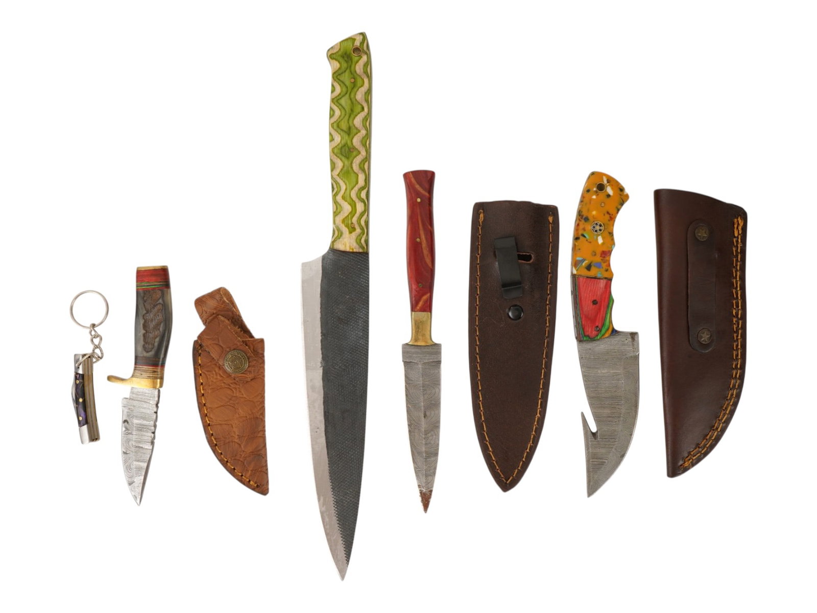MODERN HUNTING AND FOLDING DAMASCUS STEEL BLADE KNIVES: A collection of modern utility, hunting, kitchen, and folding knives featuring a variety of blade styles and sizes. The lot includes Damascus steel examples, repurposed file-steel blades, colorful com