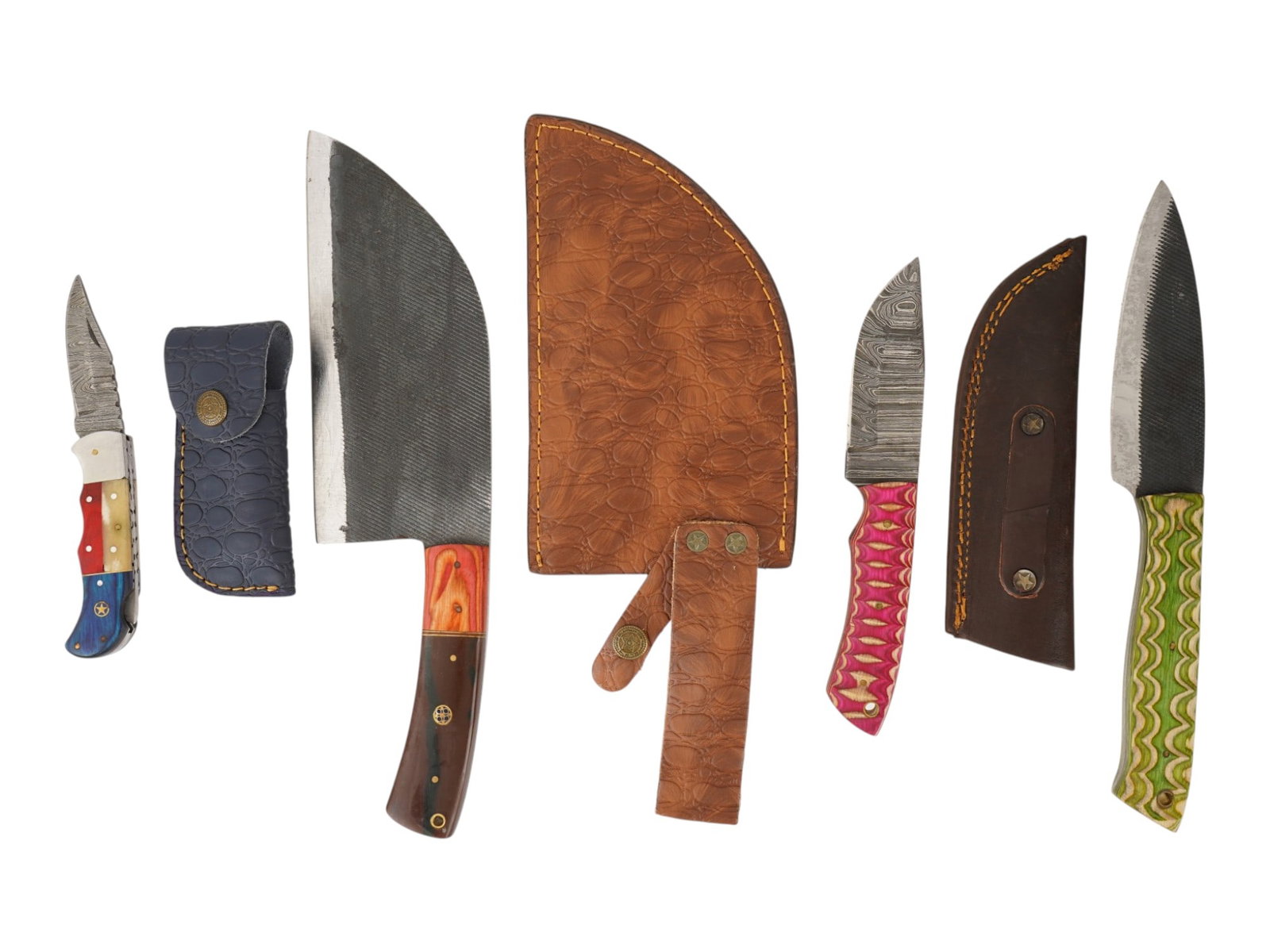 MODERN HUNTING AND KITCHEN DAMASCUS STEEL BLADE KNIVES: A collection of four modern utility, hunting, and kitchen knives featuring a variety of blade styles and constructions. The lot includes Damascus steel examples, repurposed file-steel blades, colorful