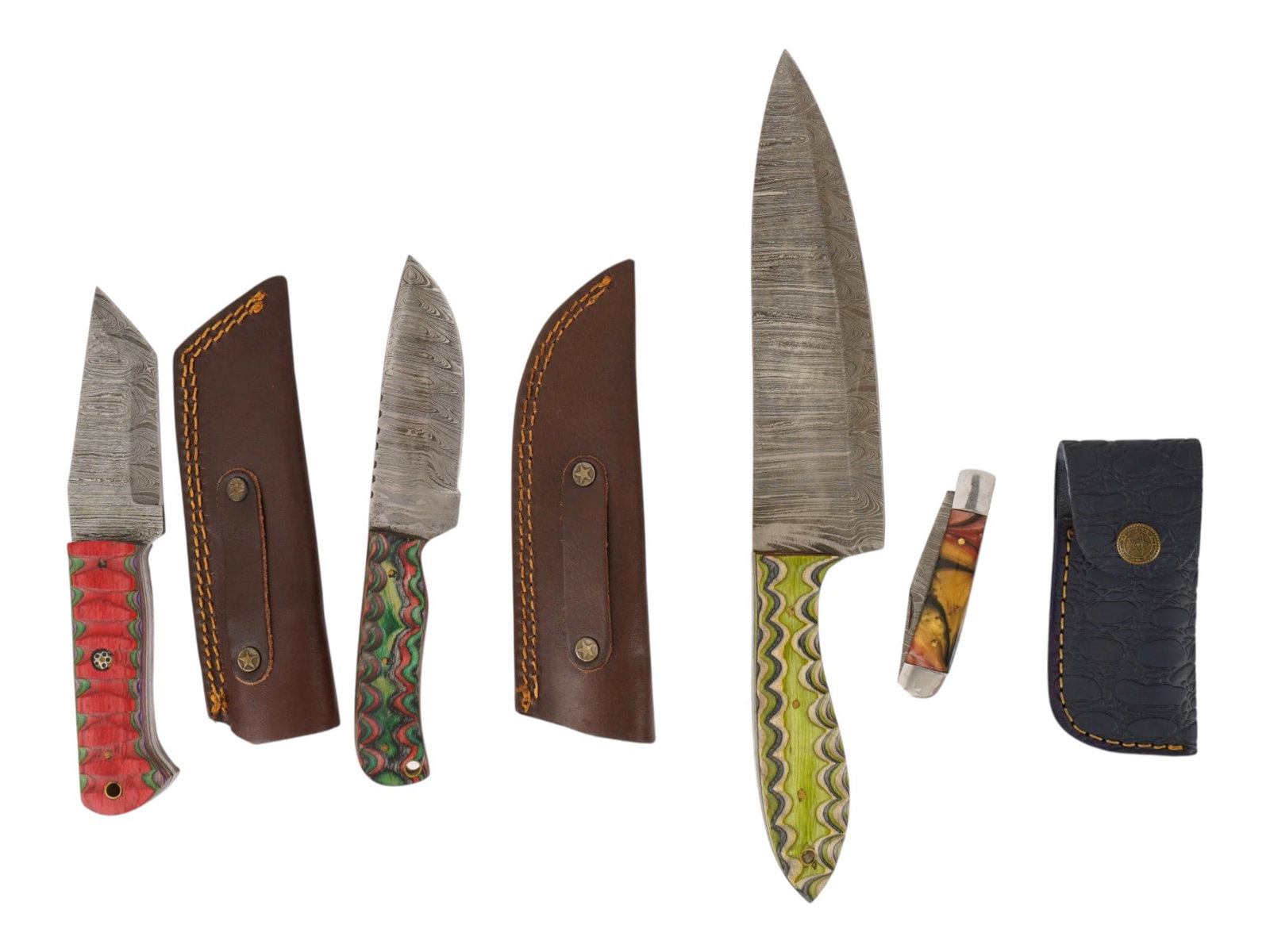 LOT OF FOUR DAMASCUS STEEL KNIVES WITH SHEATHS (1 of 4)