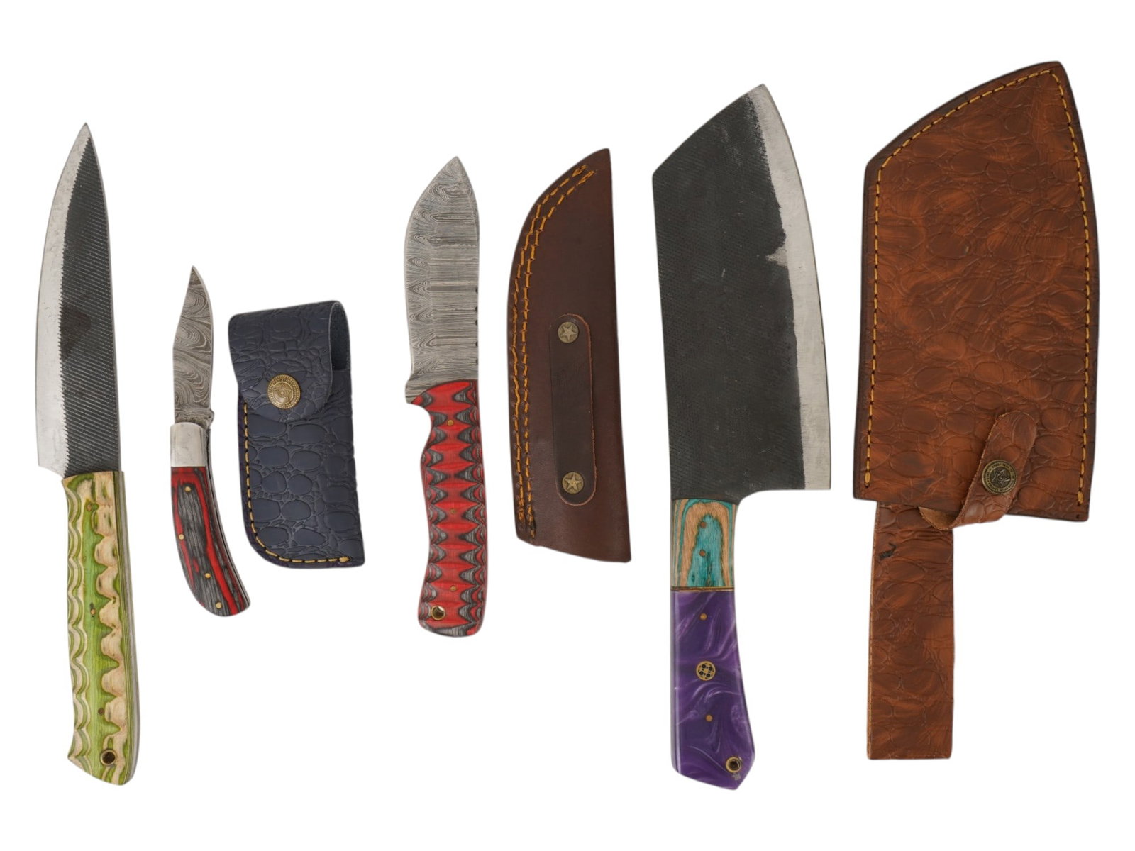 MODERN HUNTING AND CLEAVER DAMASCUS STEEL BLADE KNIVES: A collection of four modern utility, hunting, and cleaver knives featuring a variety of blade forms and handle materials. The lot includes examples with Damascus steel patterns, repurposed file-steel 
