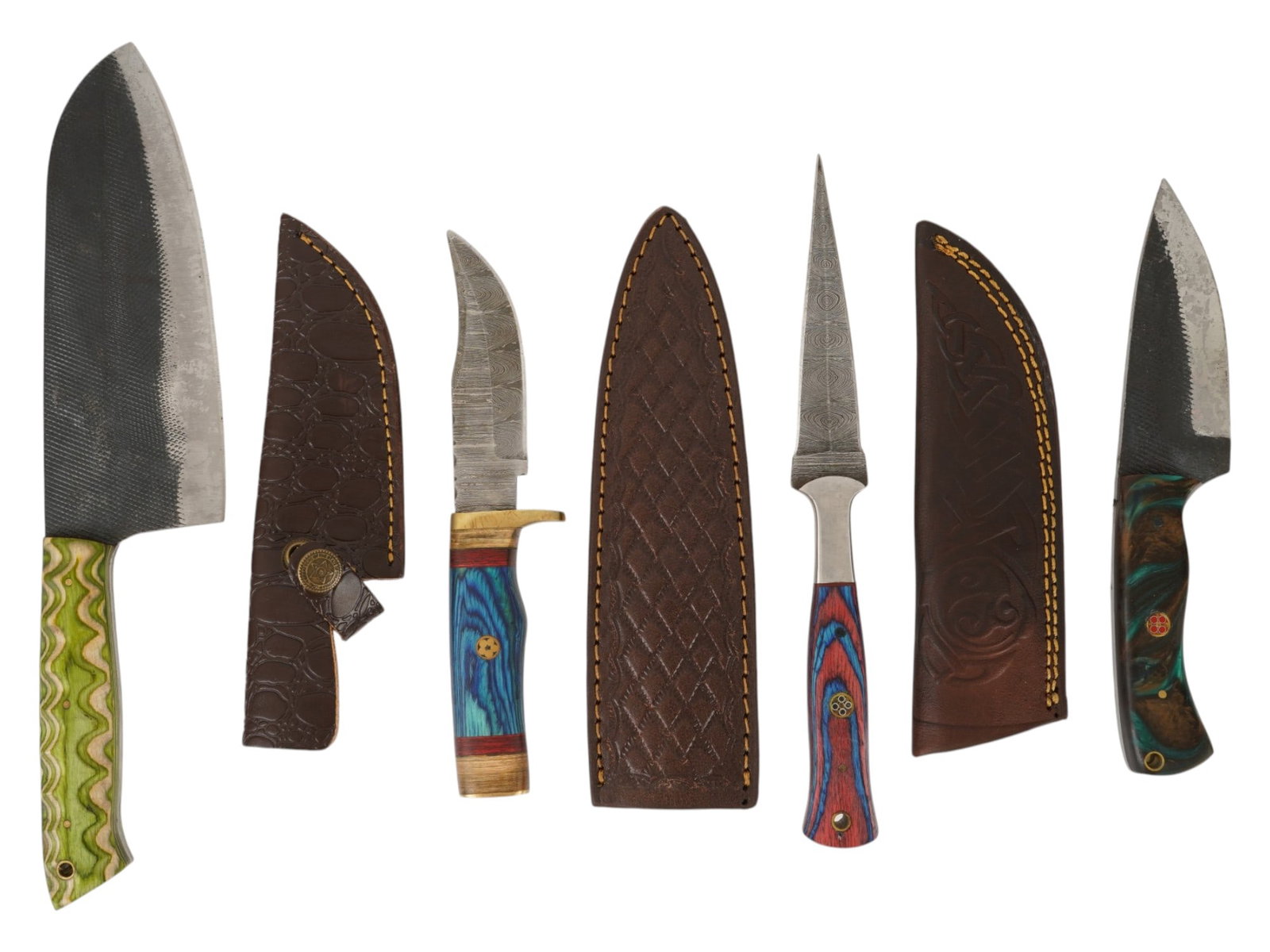 MODERN HUNTING AND TACTICAL DAMASCUS STEEL BLADE KNIVES: A collection of four modern hunting, utility, and tactical knives in a variety of blade styles. The lot includes examples with Damascus steel blades, repurposed file-steel construction, colorful compo