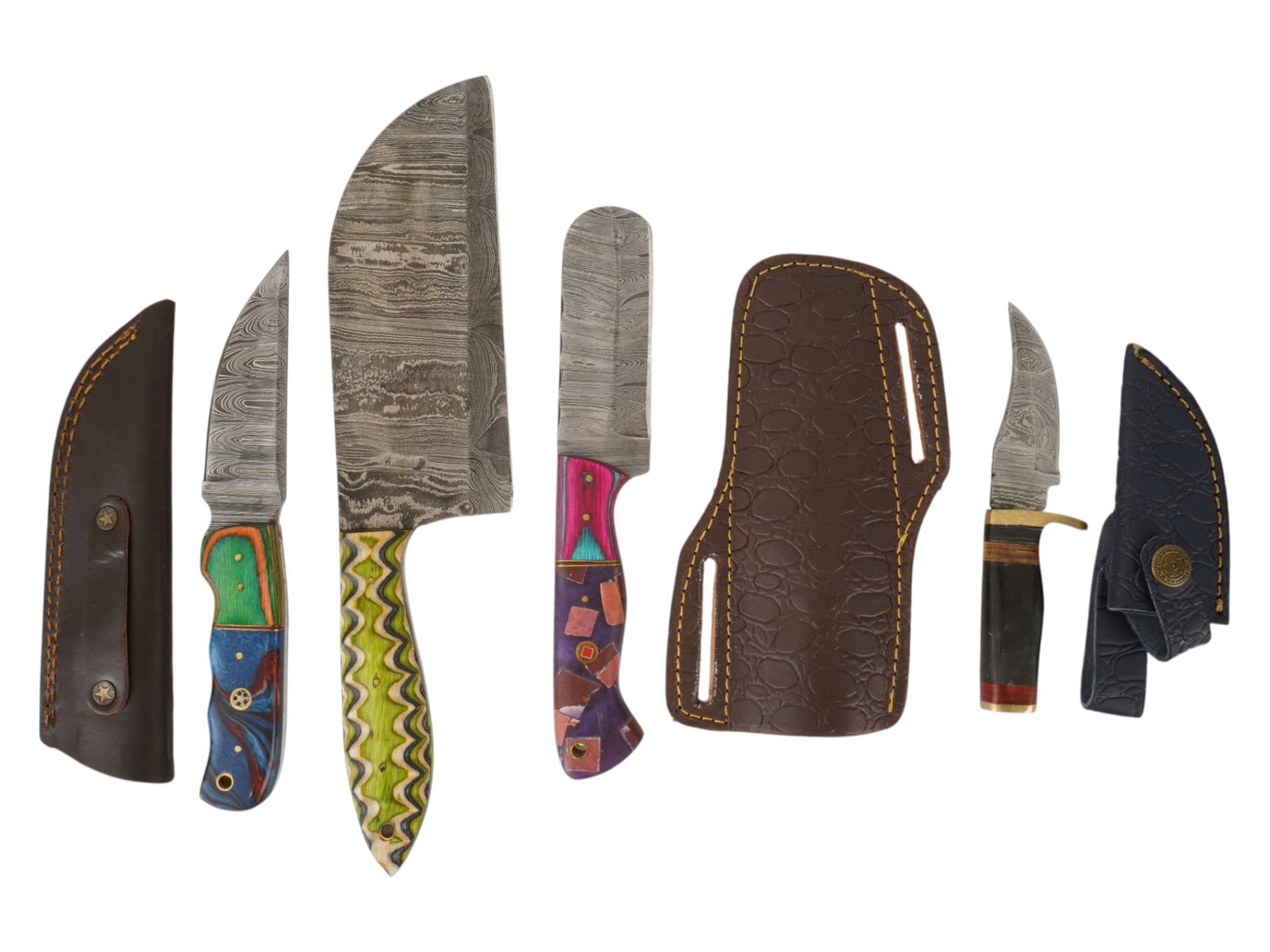 LOT OF FOUR DAMASCUS STEEL FIXED BLADE HUNTING KNIVES (1 of 4)