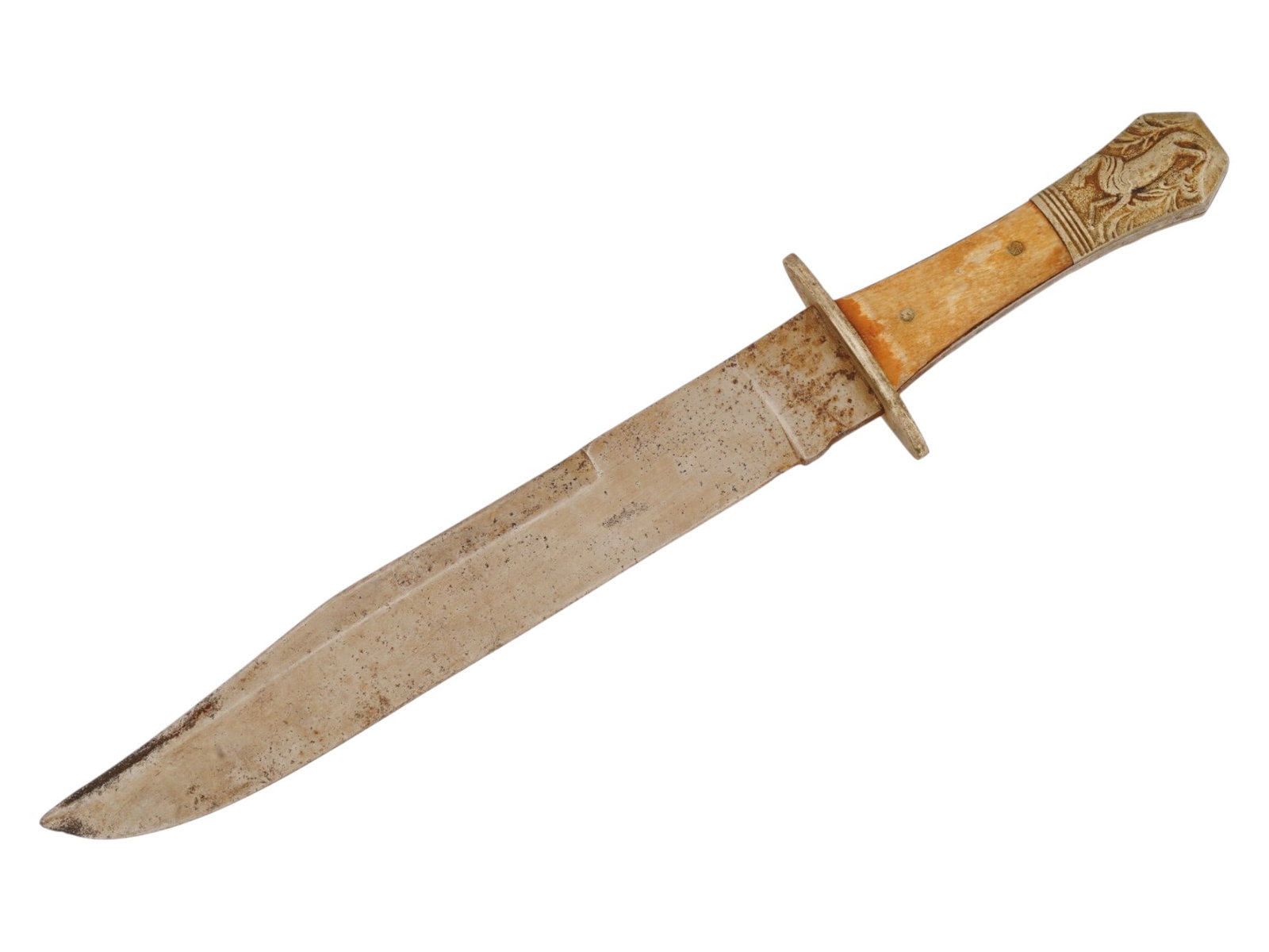 BOWIE STYLE HUNTING KNIFE WITH RELIEF HORSE: A bowie style hunting knife featuring a heavy clip-point steel blade with a pronounced false edge. The metal pommel cap features a well-defined, raised relief motif of a galloping horse set against a 