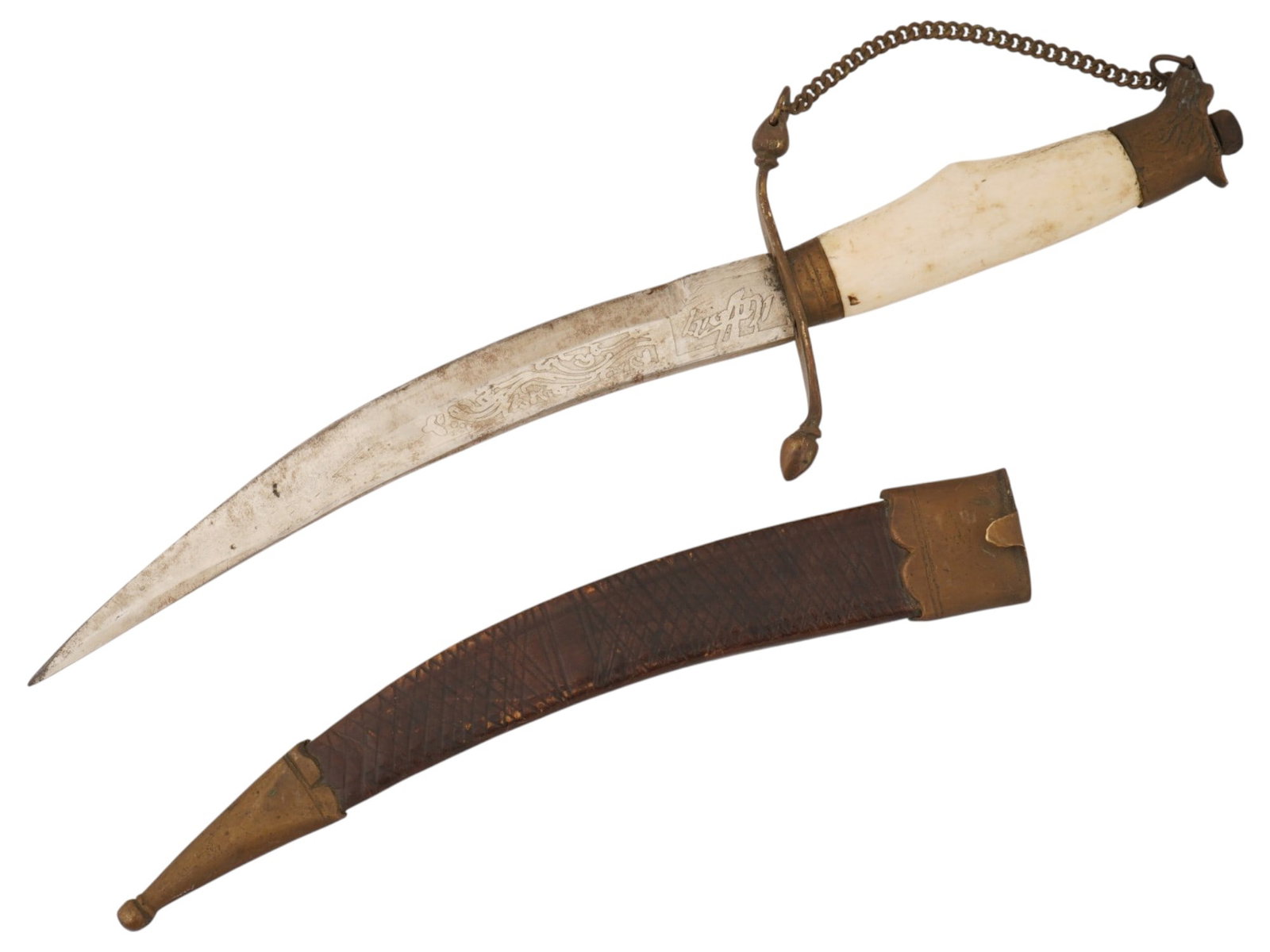 HUNTING KNIFE W ETCHED BLADE AND LEATHER SCABBARD (1 of 6)