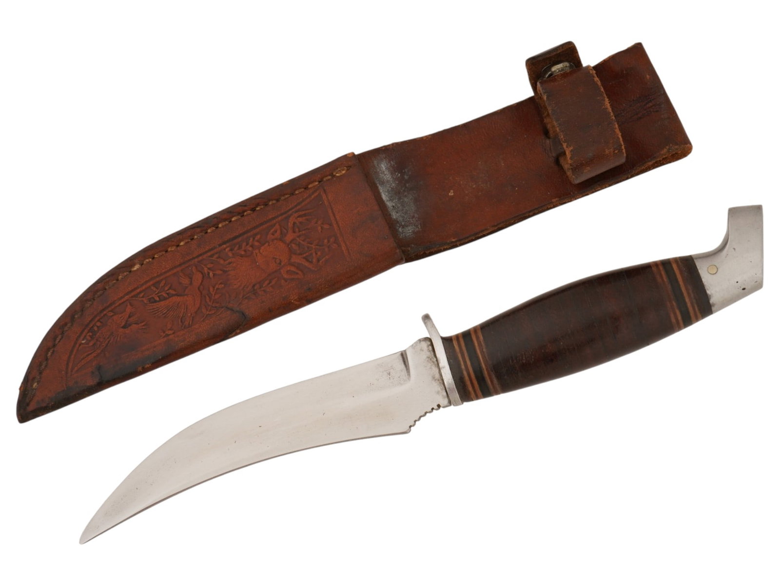 VINTAGE CURVED HUNTING KNIFE WITH LEATHER SHEATH (1 of 6)