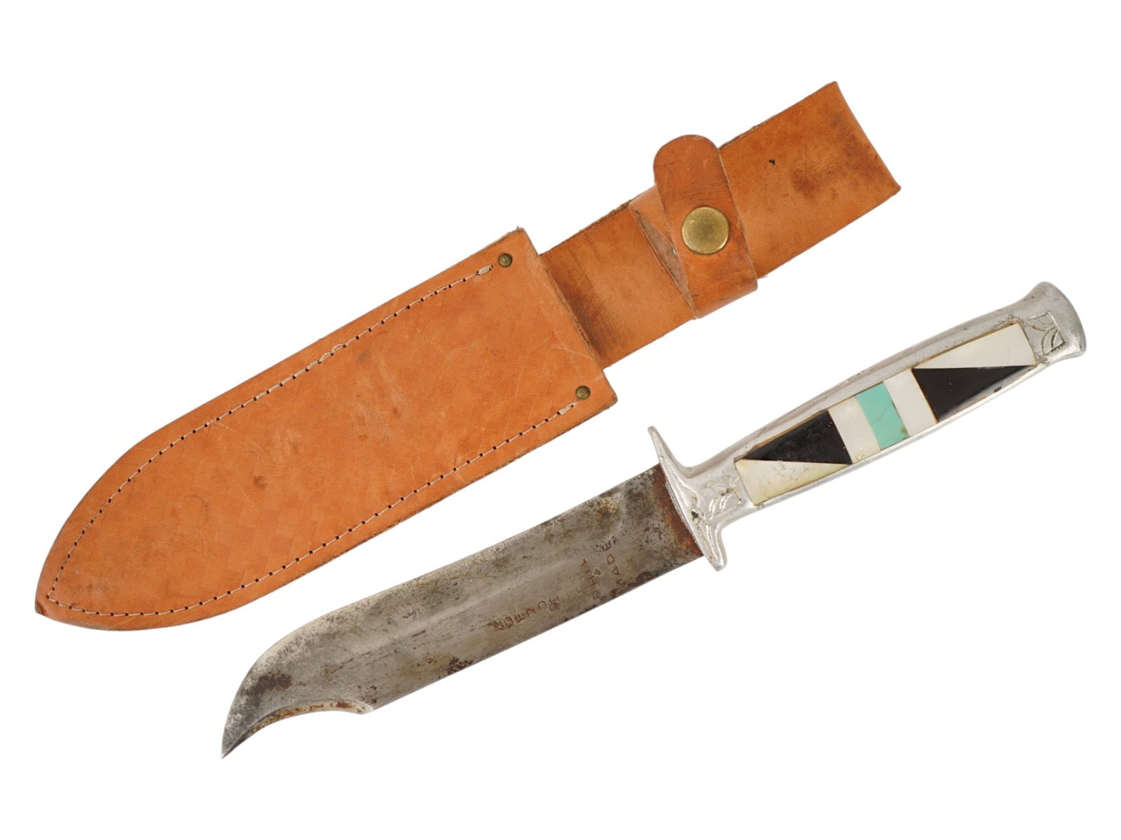 VINTAGE AMERICAN HUNTING BOWIE KNIFE WITH SHEATH: A vintage hunting knife. Fixed bowie-type blade, marked Dhil Made, Hunter. The handle is decorated with Native American-style ornamental inlay. Leather sheath. Collectible Knives And Swords, Cold Weap