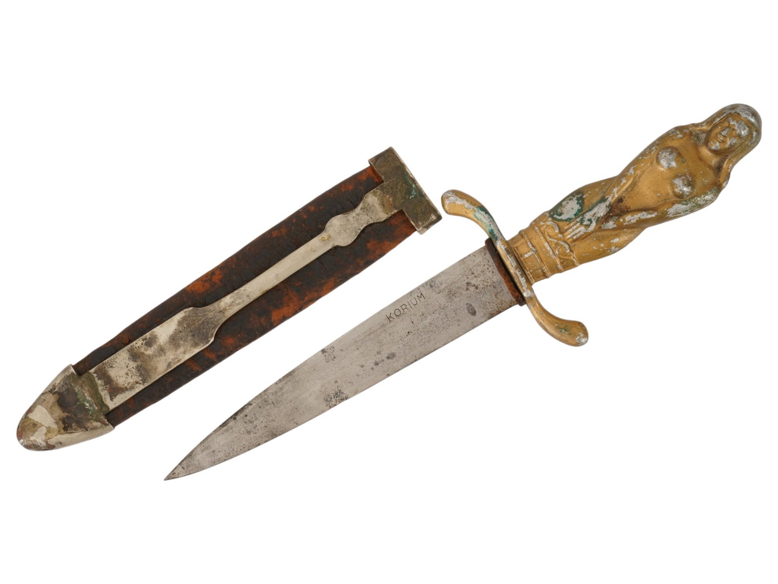 GERMAN KORIUM HUNTING DAGGER WITH FEMALE FIGURE HANDLE: A German Korium hunting dagger with a cast handle in the shape of a nude girl, Nude Maiden. This item dates back to the post war period, circa 1950s to 1960s. A handle is made of gold plated cast