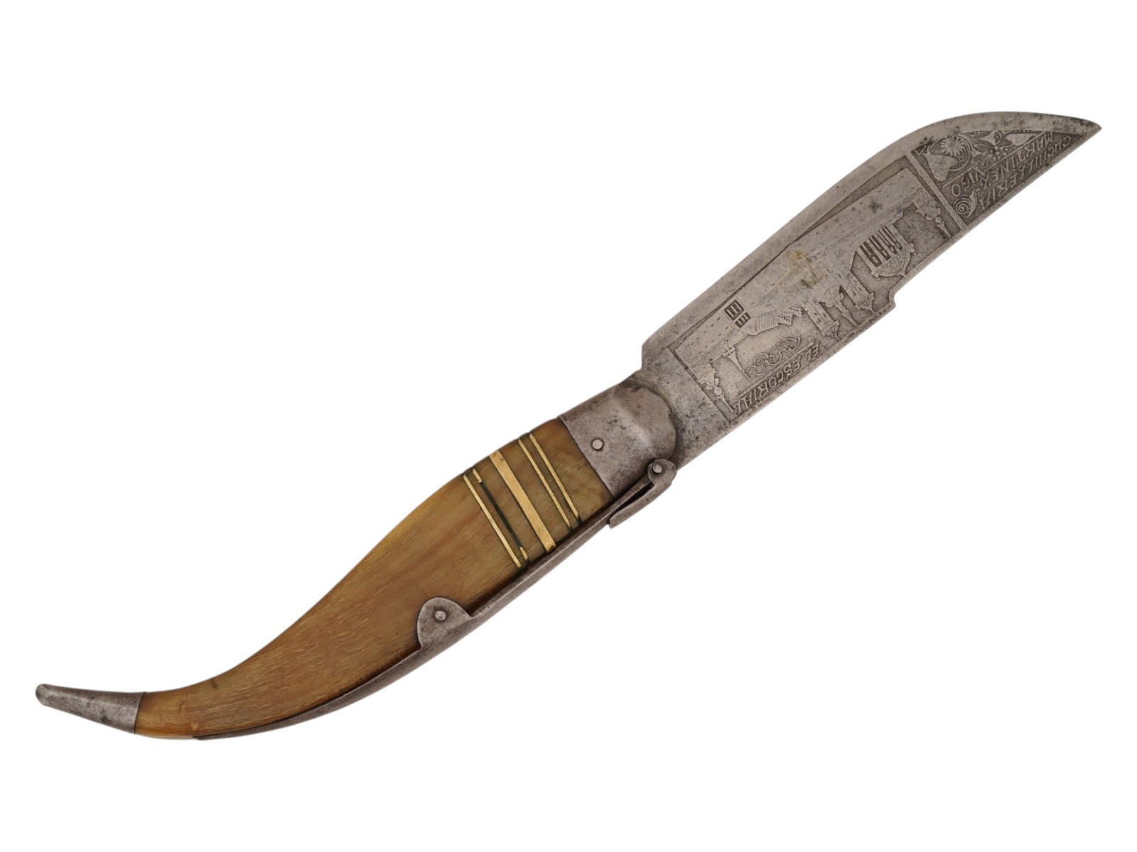 ANTIQUE SPANISH NAVAJA FOLDING KNIFE W ETCHED BLADE (1 of 8)