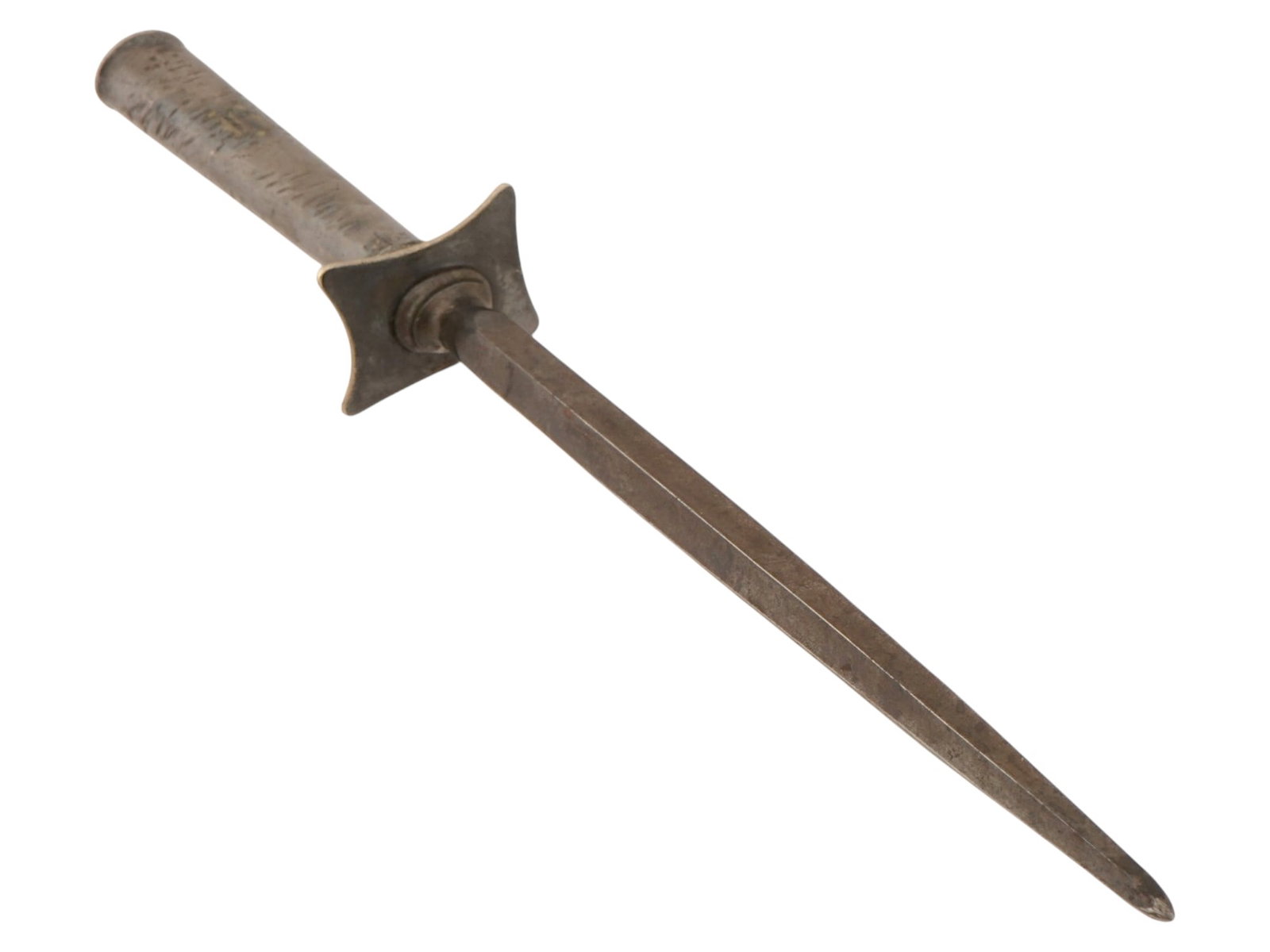 EUROPEAN STEEL STILETTO ENGRAVED DAGGER: A European stiletto-style dagger features a tapering steel blade of triangular or diamond cross-section, designed primarily for piercing. The hilt is composed of a cylindrical grip terminating in a