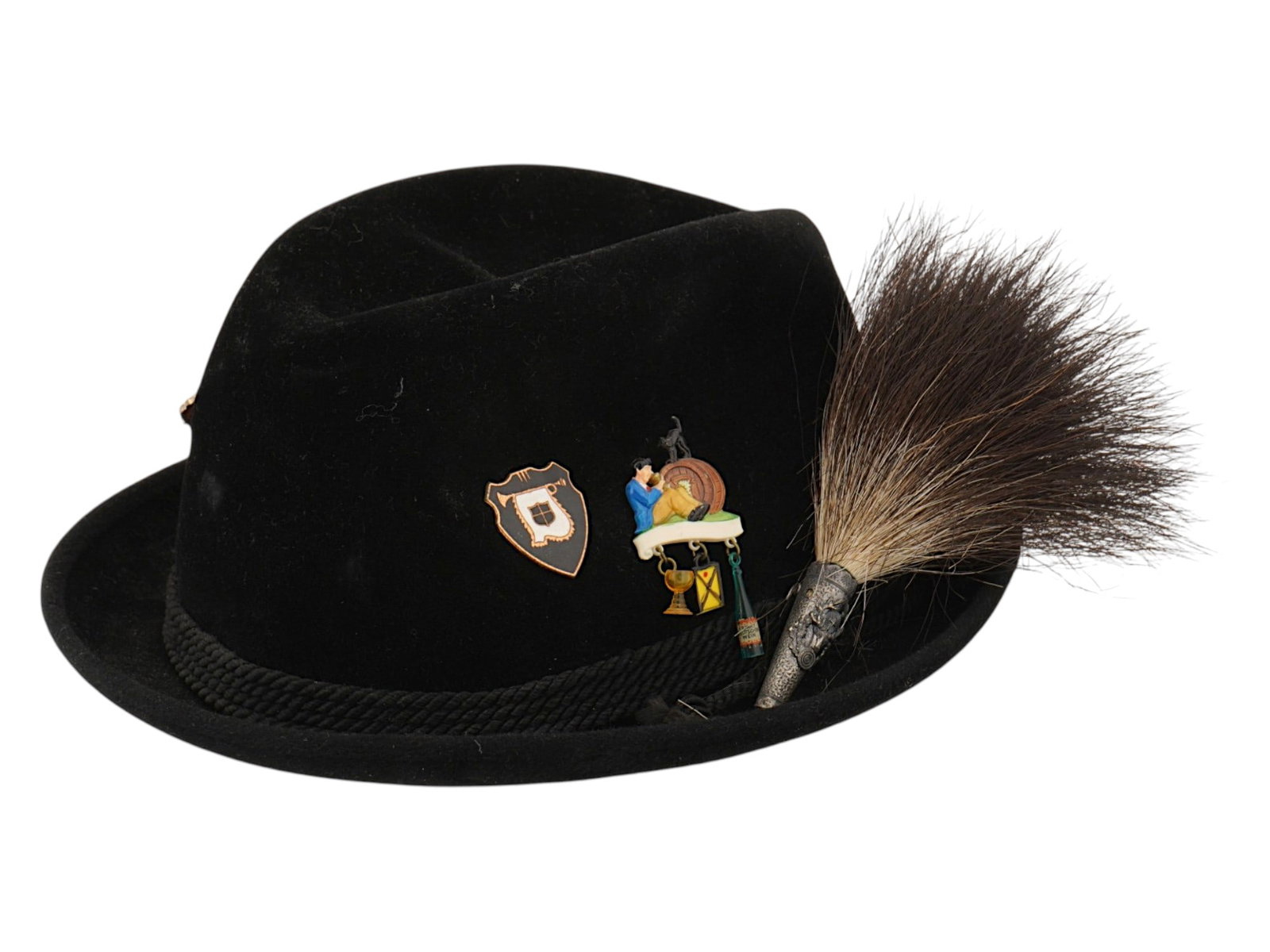DISNEY NEW YORK TYROLEAN STYLE BLACK VELOUR HAT W PINS: A Disney New York black velour fur felt Alpine Tyrolean style hat with gamsbart adorned with souvenir pins. Marked with Top Hats New Brunswick and with other marks on the inside. Trachten, German, Bav