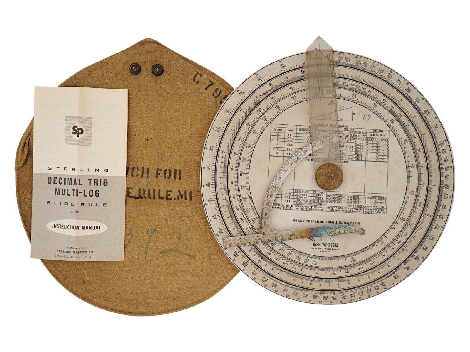 GILSON DECIMAL TRIG MULTI LOG CIRCULAR SLIDE RULE: A mid century scientific instrument, a Gilson Decimal Trig Multi Log circular slide rule, manufactured by the Gilson Slide Rule Co. in Stuart, Florida. The instrument features a series of concentric l