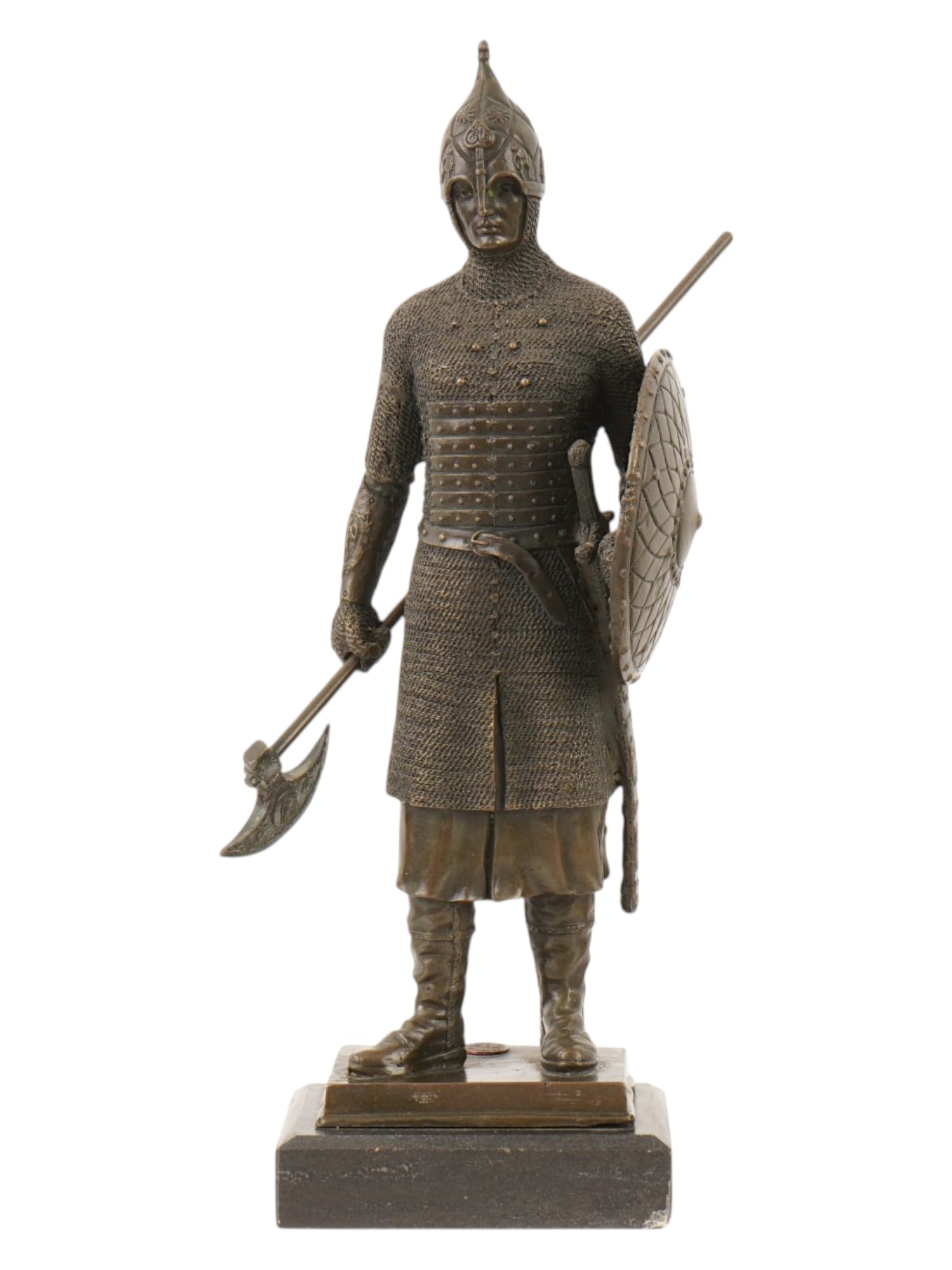 EUROPEAN BRONZE SCULPTURE OF MEDIEVAL WARRIOR: A highly detailed European patinated bronze sculpture of a medieval warrior. The warrior is depicted in full armor with a chainmail, a helmet, a shield, and a long-hafted axe. He stands on a raised st