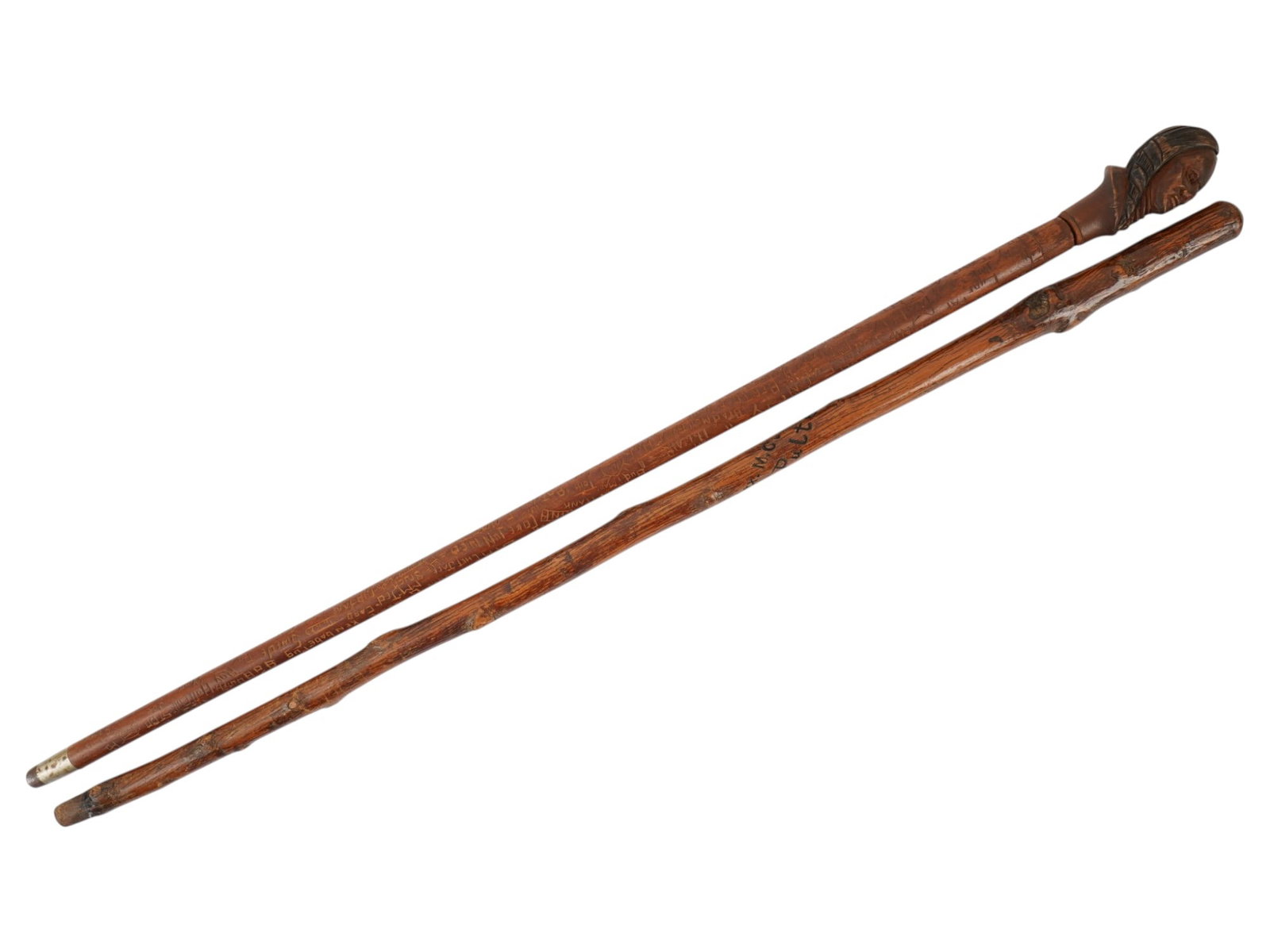 TWO ANTIQUE FOLK ART CARVED WOOD WALKING STICKS (1 of 9)