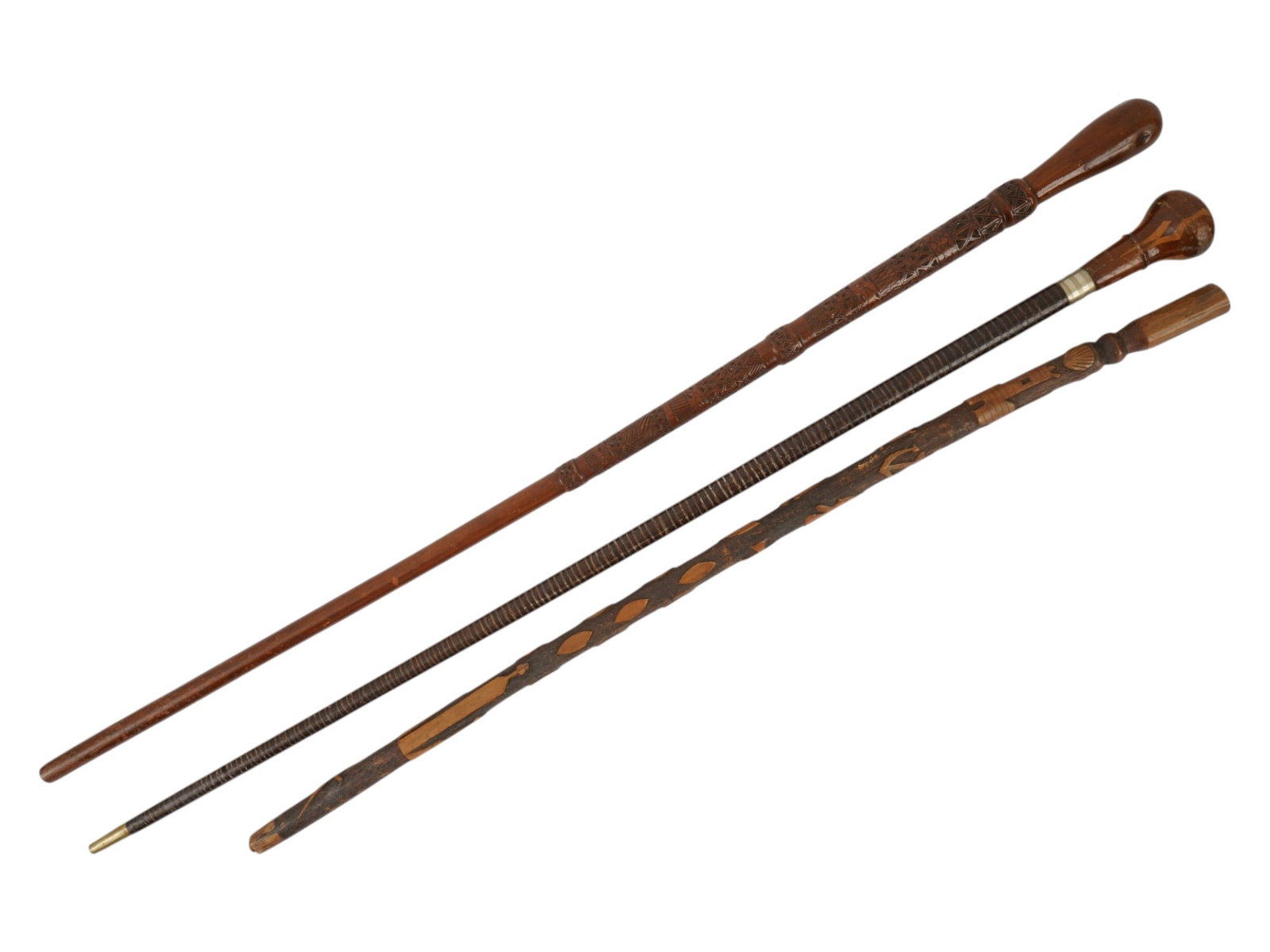 COLLECTION OF THREE CARVED WOOD WALKING CANES STICKS (1 of 6)