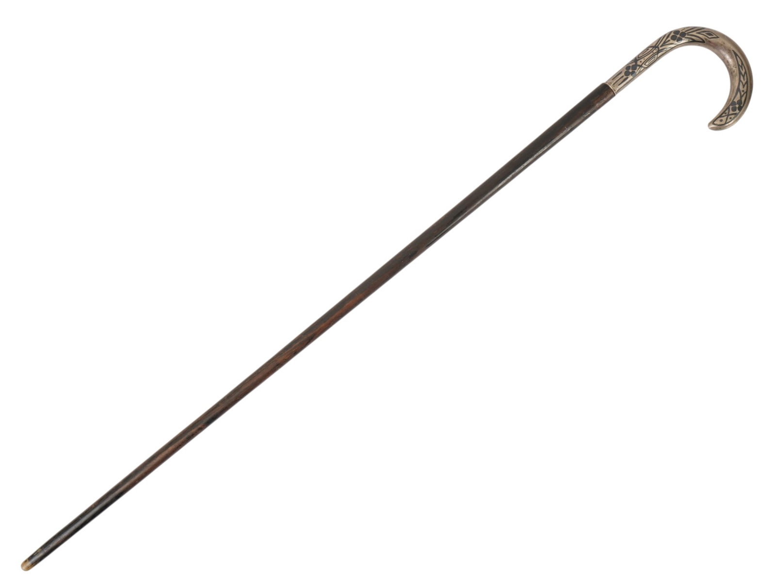 EUROPEAN SILVER MOUNTED CROOK HANDLE WALKING CANE: A European walking cane features a curved crook-style 800 silver handle, decorated with intricate chased foliate and floral motifs in the Art Nouveau taste with niello finish. The handle is mounted up