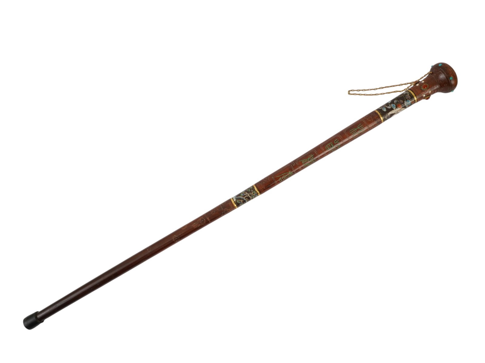 CHINESE CLOISONNE ENAMEL LACQUERED WOOD WALKING CANE: A fine hand-crafted Chinese walking cane. Lacquered hardwood with elaborate cloisonne enamel decoration and cabochons. There is a safety chain on the handle. Collectible Accessories, Walking Canes And