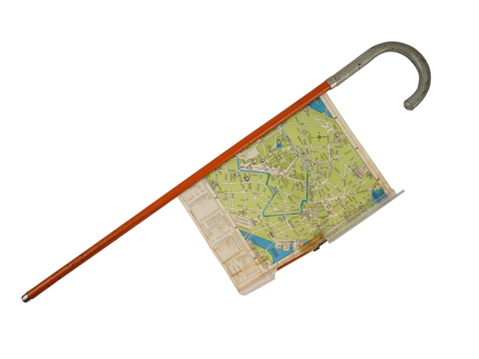 RARE COLLECTIBLE WALKING CANE W MAP OF BOSTON 1940: A rare, collectible vintage wooden and metal walking cane from 1940 with a retractable map of Boston. The cane was created specifically for attendees of the American Legion Convention held in Boston