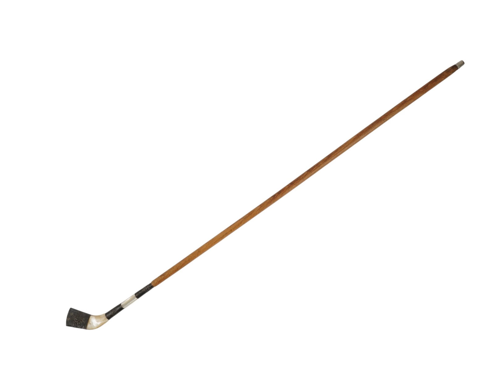 VTG WOODEN AND METAL WALKING CANE W MOTHER OF PEARL: A vintage, collectible wooden walking cane. It features a unique handle reminiscent of an antique golf club and is decorated with mother-of-pearl and metal with embossed floral patterns. Accessories,