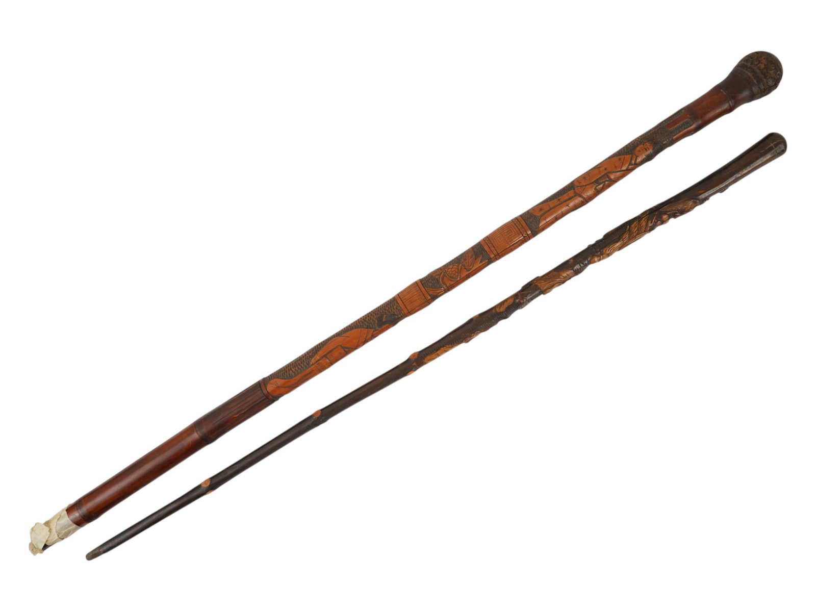 TWO ANTIQUE JAPANESE CARVED WOODEN WALKING STICKS (1 of 7)