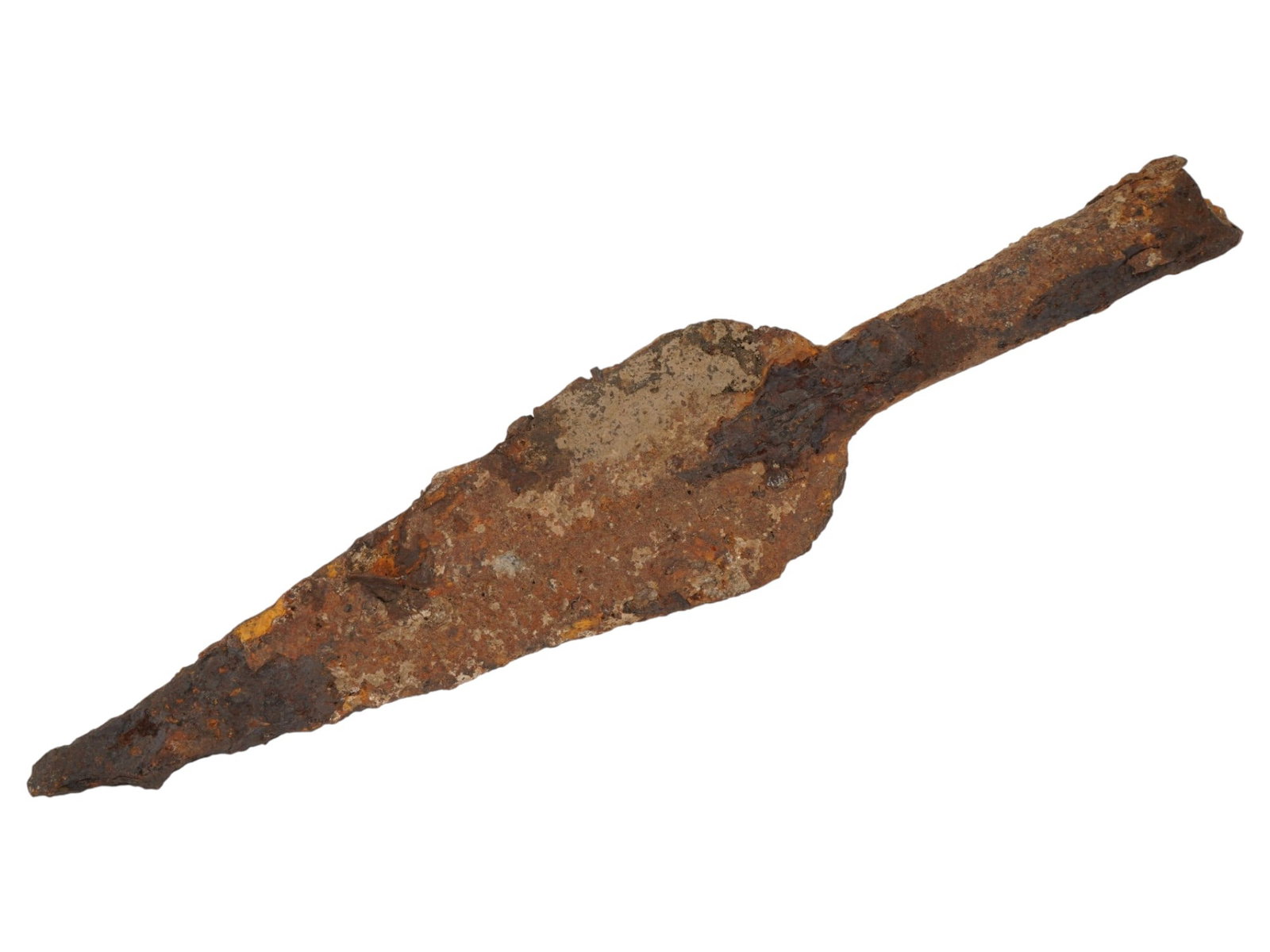ANCIENT SOCKETED SPEARHEAD FORGED FROM IRON: An ancient socketed spearhead is forged from iron and features a characteristic leaf-shaped blade with a tapering profile. Objects of this type are often found during archaeological excavations at the