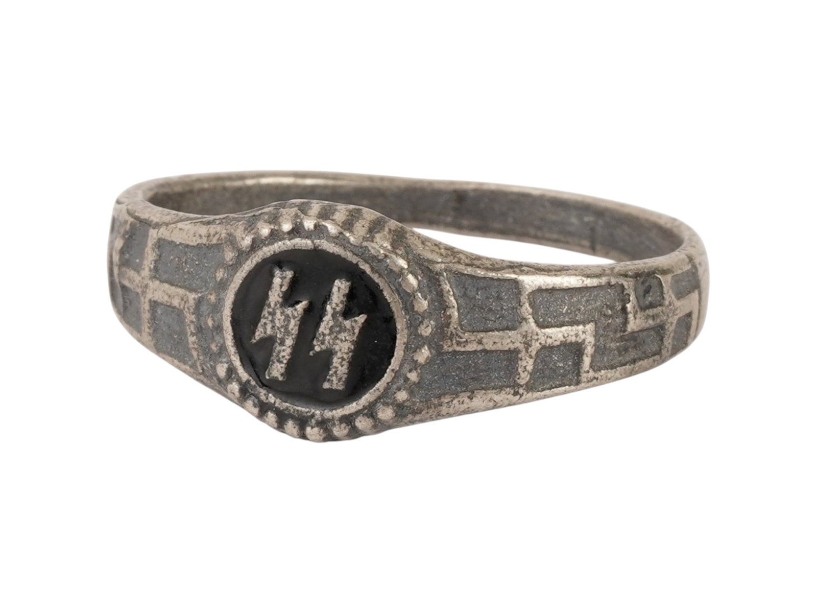 WWII NAZI GERMAN WAFFEN SS SILVER ENAMELED RING: A WWII Nazi German silver ring associated with the Waffen-SS, featuring enameled runic symbols characteristic of SS insignia. Second World War German Third Reich Military Collectibles. Total weight: 3