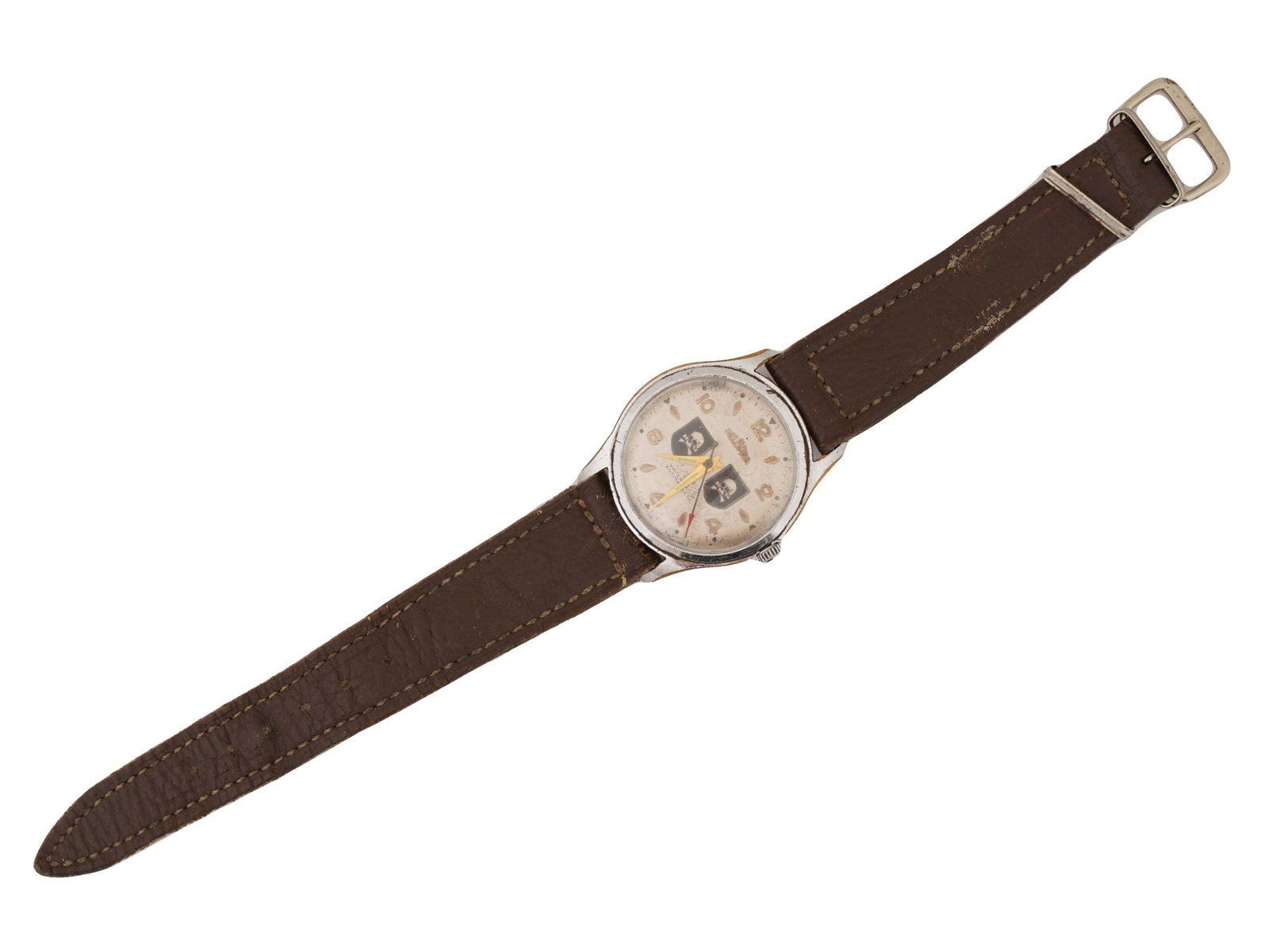 GERMAN WWII MODEL WAFFEN SS TOTENKOPF WRIST WATCH: A WWII model Nazi German 17 Jewels Waterproof Antimagnetic Waffen SS wrist watch by Delbana. Swiss made. A white enamel dial with Arabic numerals and gold tone hands, and enameled Totenkopf skulls, to