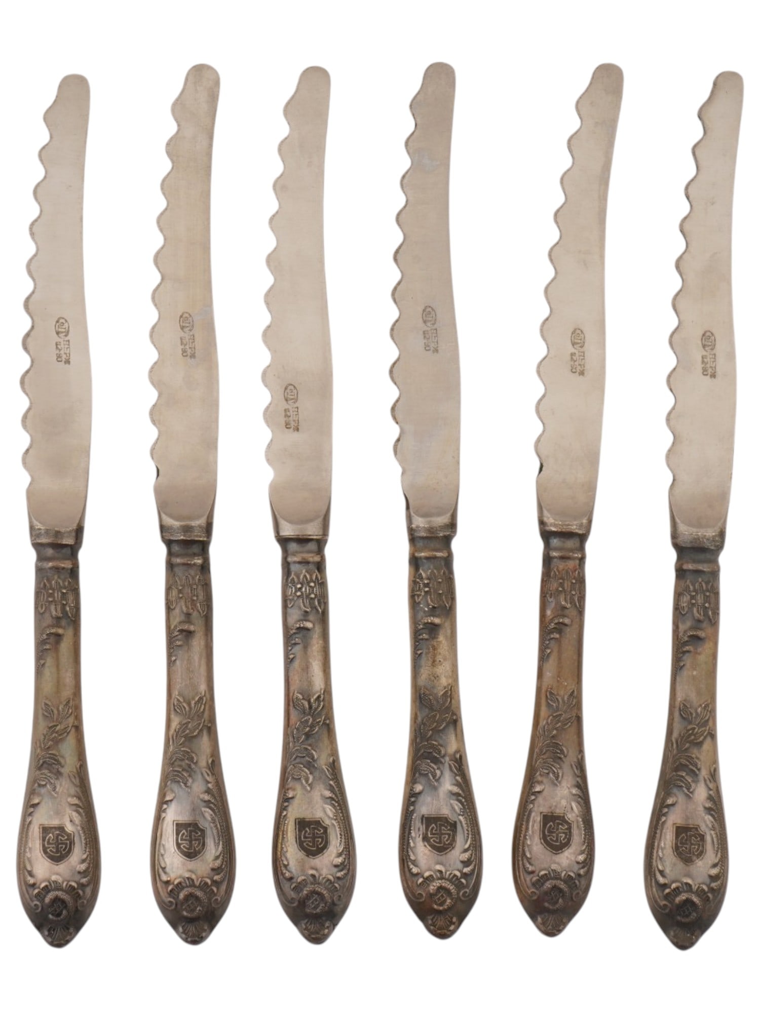 WWII TYPE NAZI GERMAN WAFFEN SS WIKING FRUIT KNIVES: A set of six WWII type Nazi German Waffen-SS Wiking Division fruit knives reportedly originating from an officers canteen. With the emblems on the handles and marks on the blades. Second World War Naz
