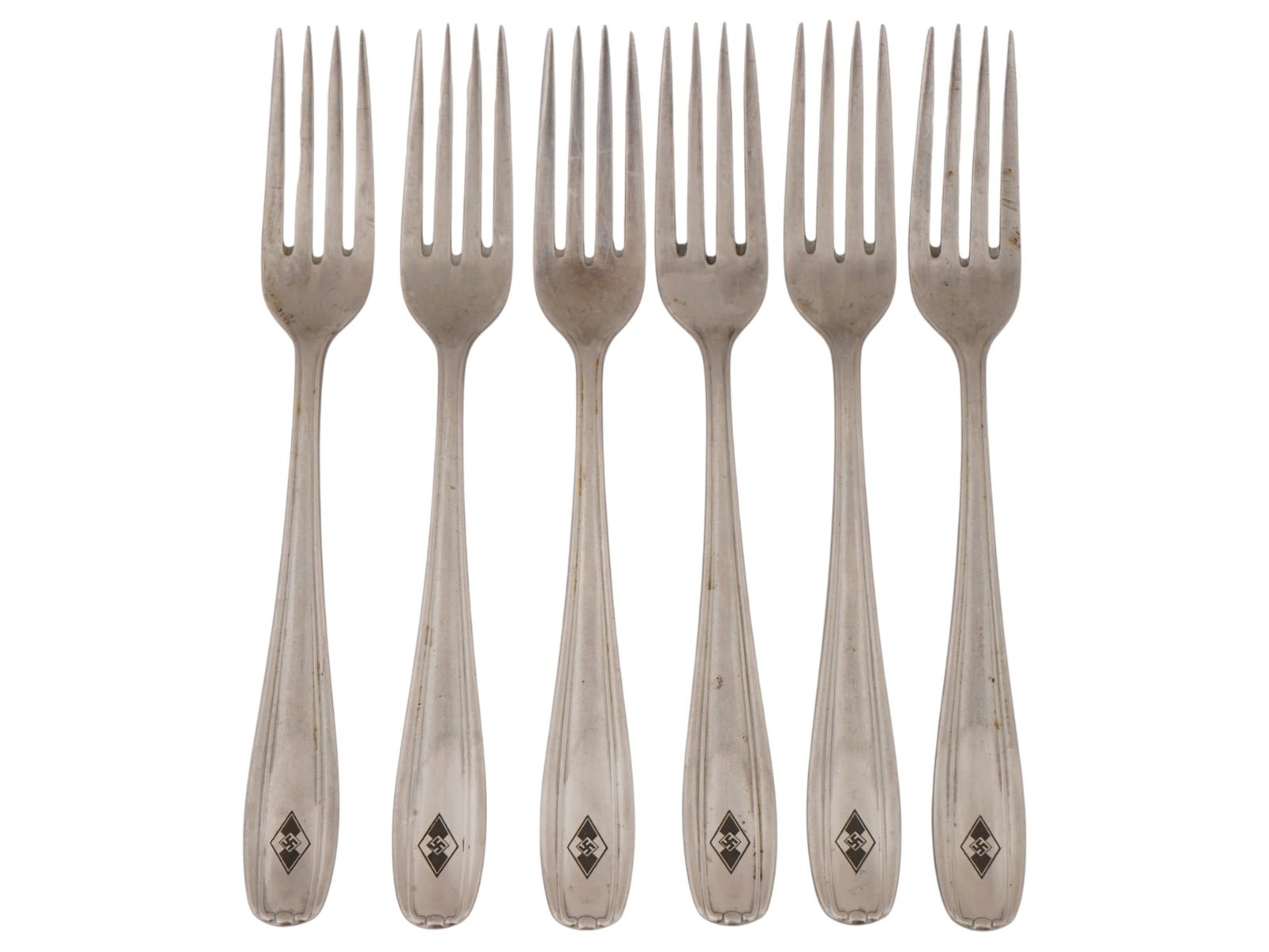 WWII TYPE NAZI GERMAN WAFFEN SS HITLERJUGEND FORKS: A set of six WWII type Nazi German Waffen-SS 12th SS Panzer Division Hitlerjugend forks originating from an officers canteen. Second World War Nazi German Military Collectibles. THIS LOT IS ELIGIBLE F
