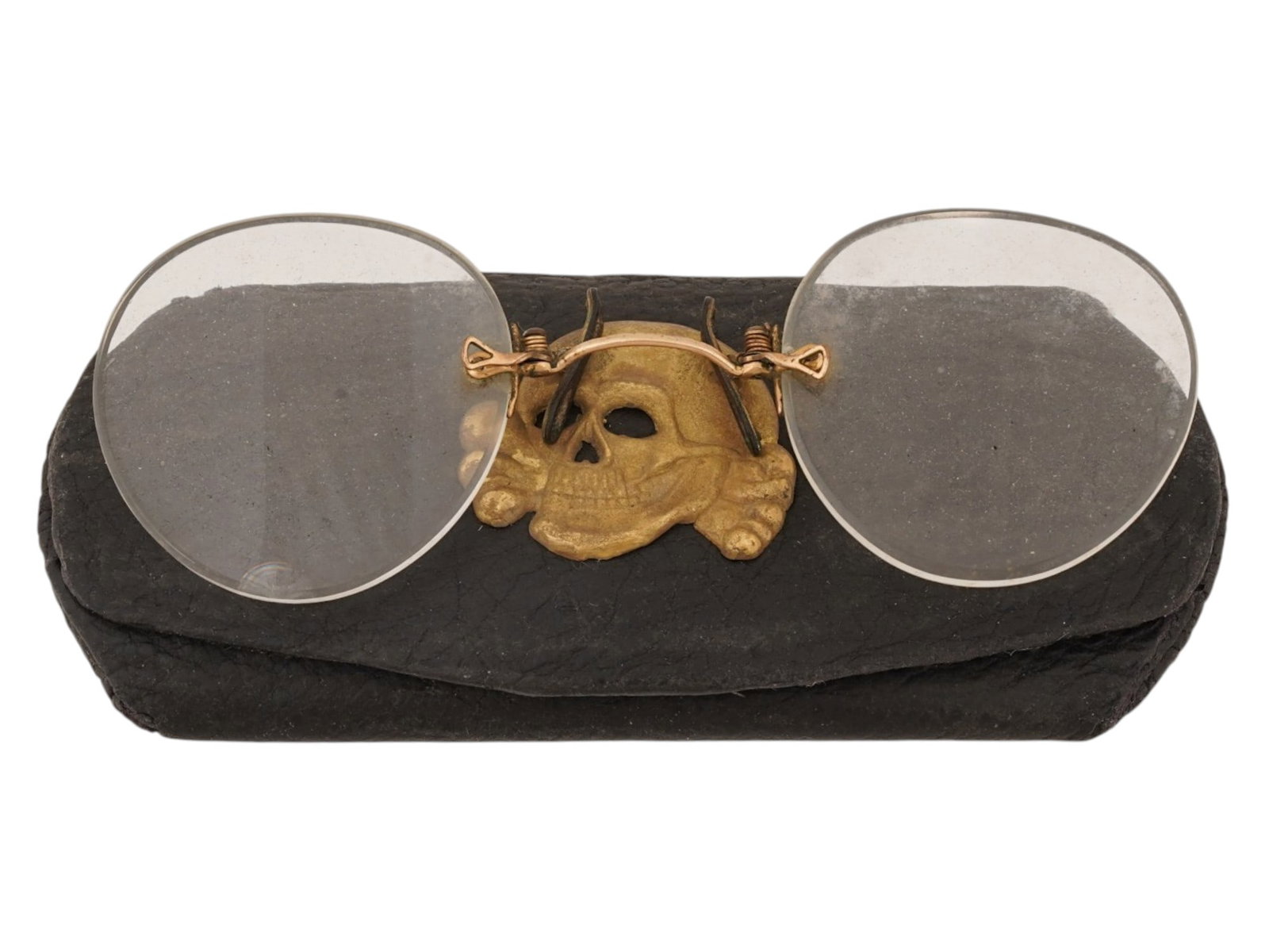GERMAN WWII TYPE WAFFEN SS TOTENKOPF GLASSES W CASE: A WWII type Nazi German Waffen SS Totenkopf round glasses with a leather case. The exterior of the leather case is adorned with a gilt metal plaque depicting a Totenkopf skull swastika insignia. Secon