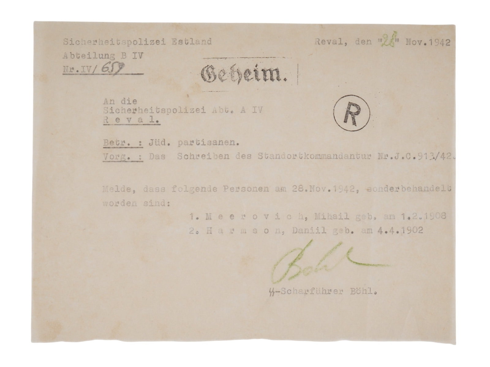 WWII ESTONIAN POLICE SECRET DOCUMENT JEWISH PARTISANS (1 of 2)