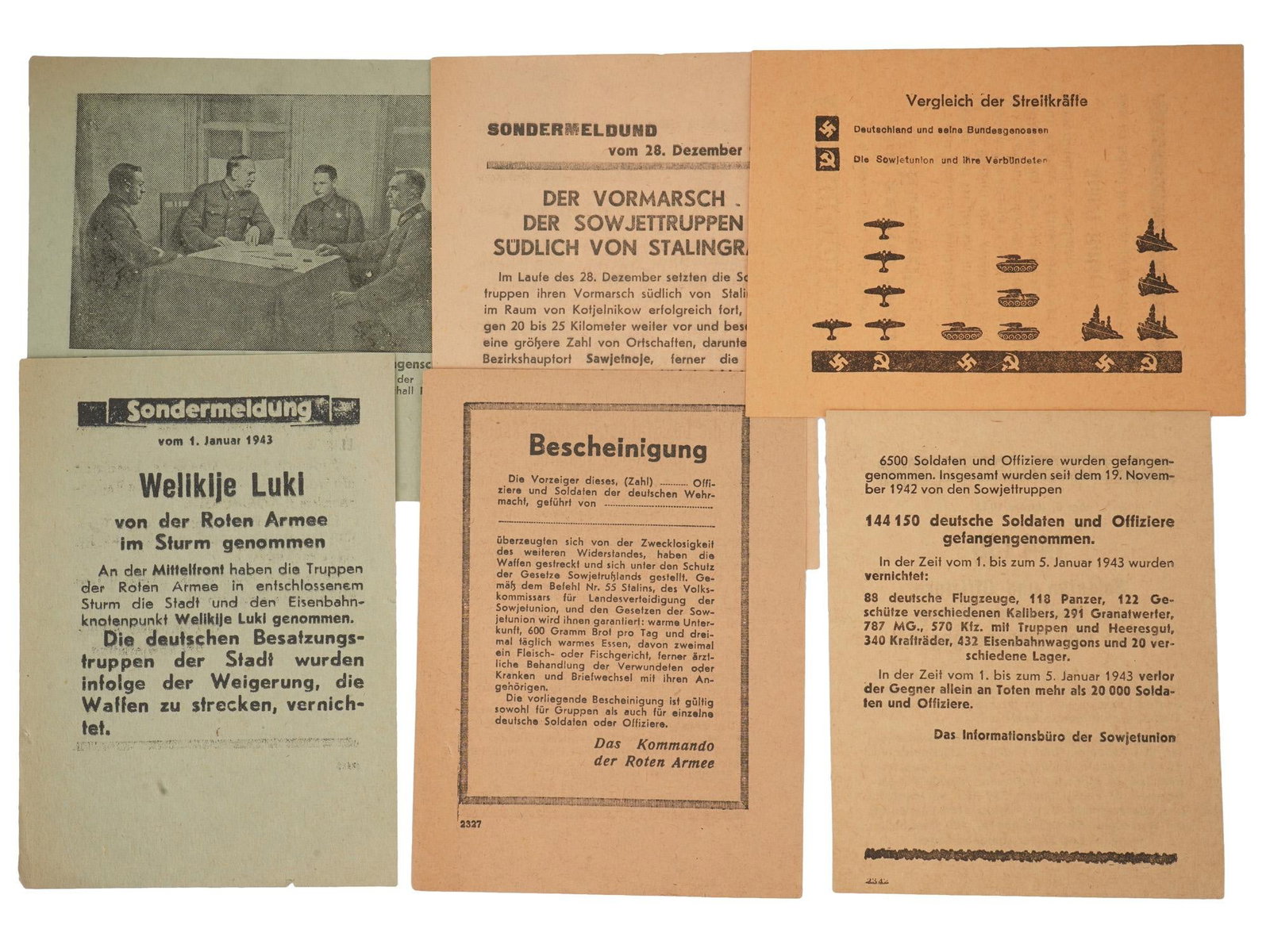 LOT OF SIX ORIGINAL RUSSIAN WWII PROPAGANDA LEAFLETS (1 of 3)
