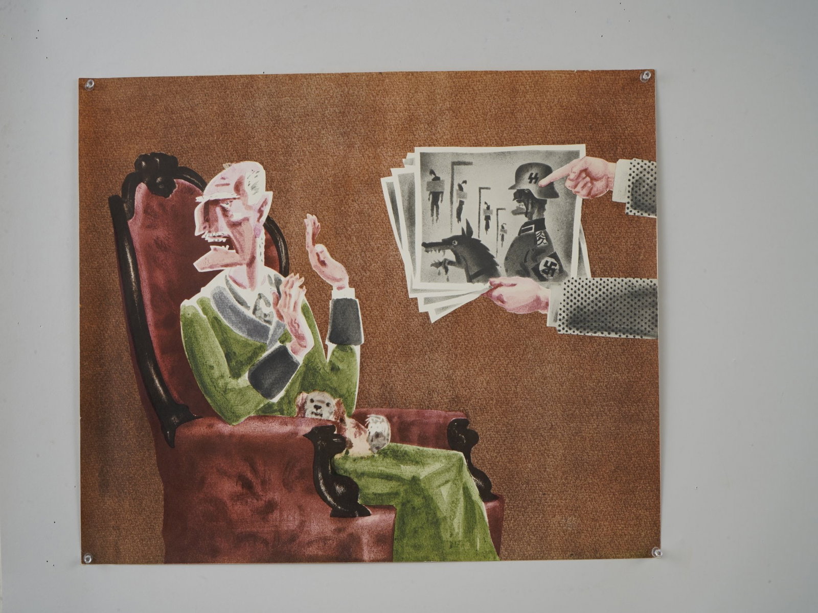 RUSSIAN SOVIET PROPAGANDA POSTER BY F NELYUBIN 1989: A Russian Soviet era propaganda poster, 1989. Designed by Nelyubin Fedor Fedorovich. The poster depicts an elderly Nazi person who does not admit to his past crimes. The poster had the inscription in 