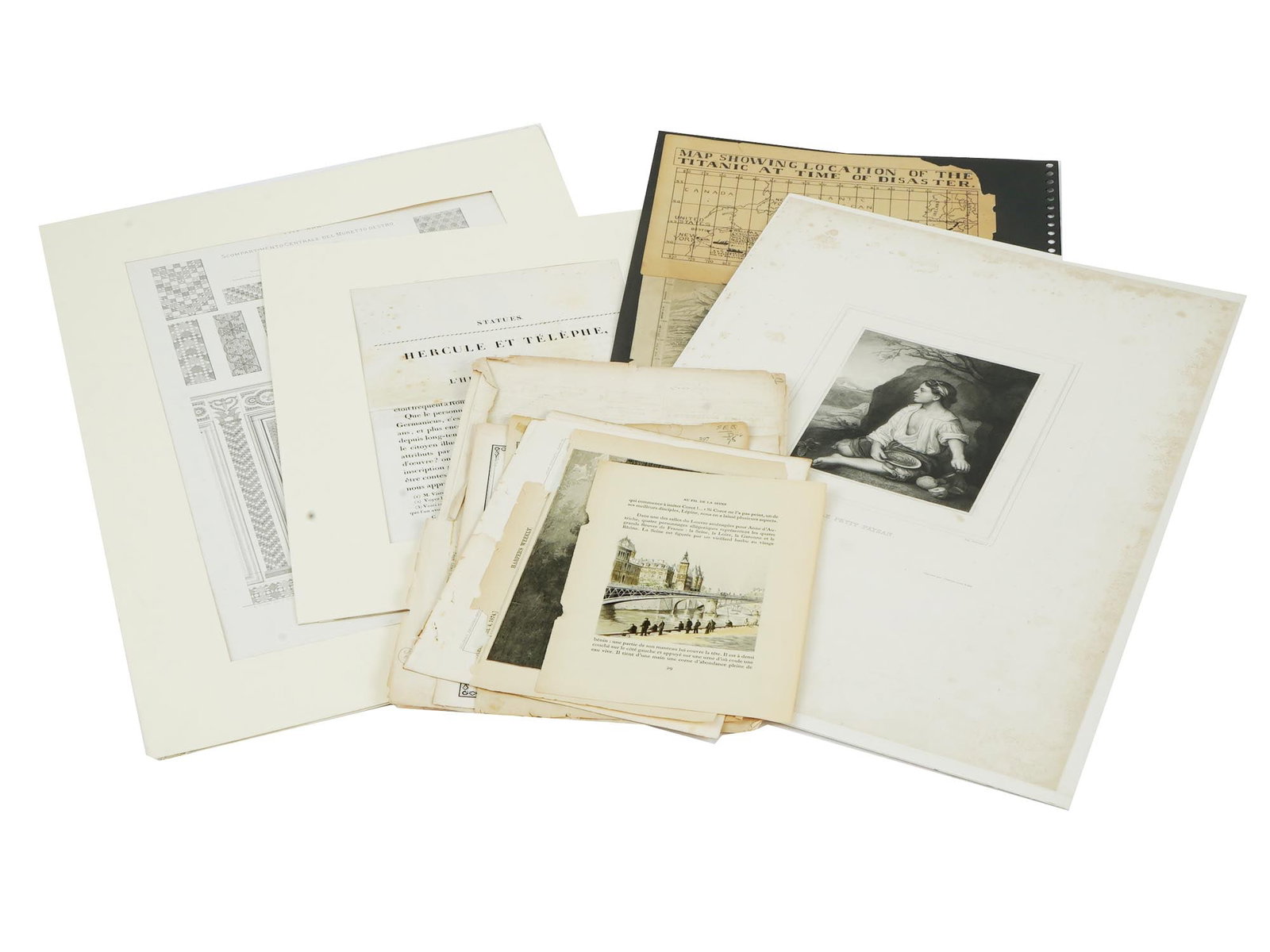 ANTIQUE FRENCH ENGRAVINGS AND BOOK ILLUSTRATIONS: A lot of antique engravings and lithographs. Time span ranges from late 17th to mid-19th century. A total of 11 items, including book illustrations, maps, Italian architectural studies. The lot also