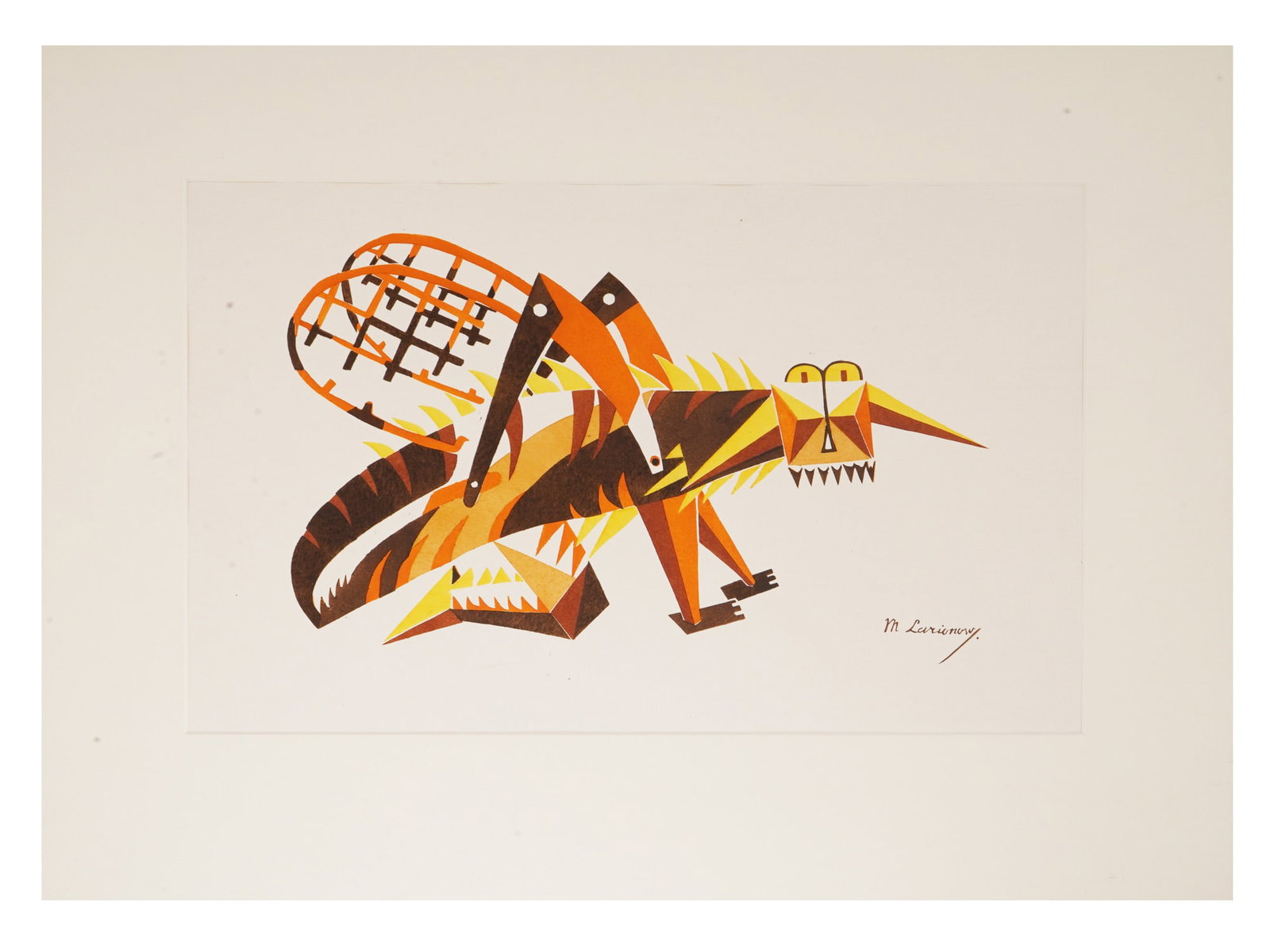 AVANT GARDE RUSSIAN POCHOIR BY MIKHAIL LARIONOV: Mikhail Fyodorovich Larionov, Russian, 1881 to 1964, a pochoir print on paper depicting a sketch of a cricket costume for the unrealized Mechanical Ballet, from the Goncharova Larionov: Modern Theatri