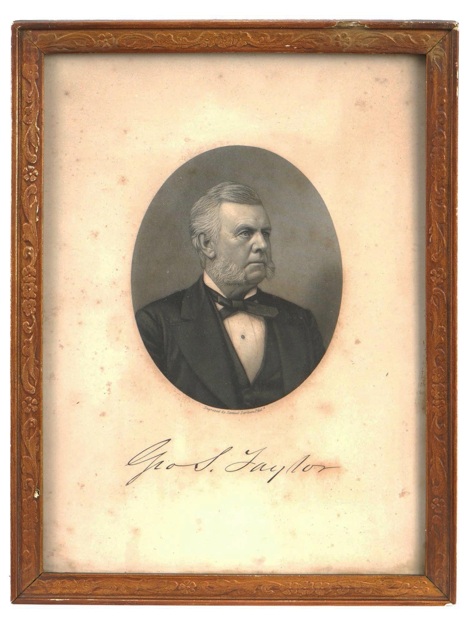 ANTIQUE AMERICAN ENGRAVING PORTRAIT OF GEORGE TAYLOR: Engraving on paper by Samuel Sartain, 1830 to 1906, an American printmaker based in Philadelphia. The artwork depicts a portrait of George Sylvester Taylor, 1822 to 1910, the first mayor of Chicopee, 